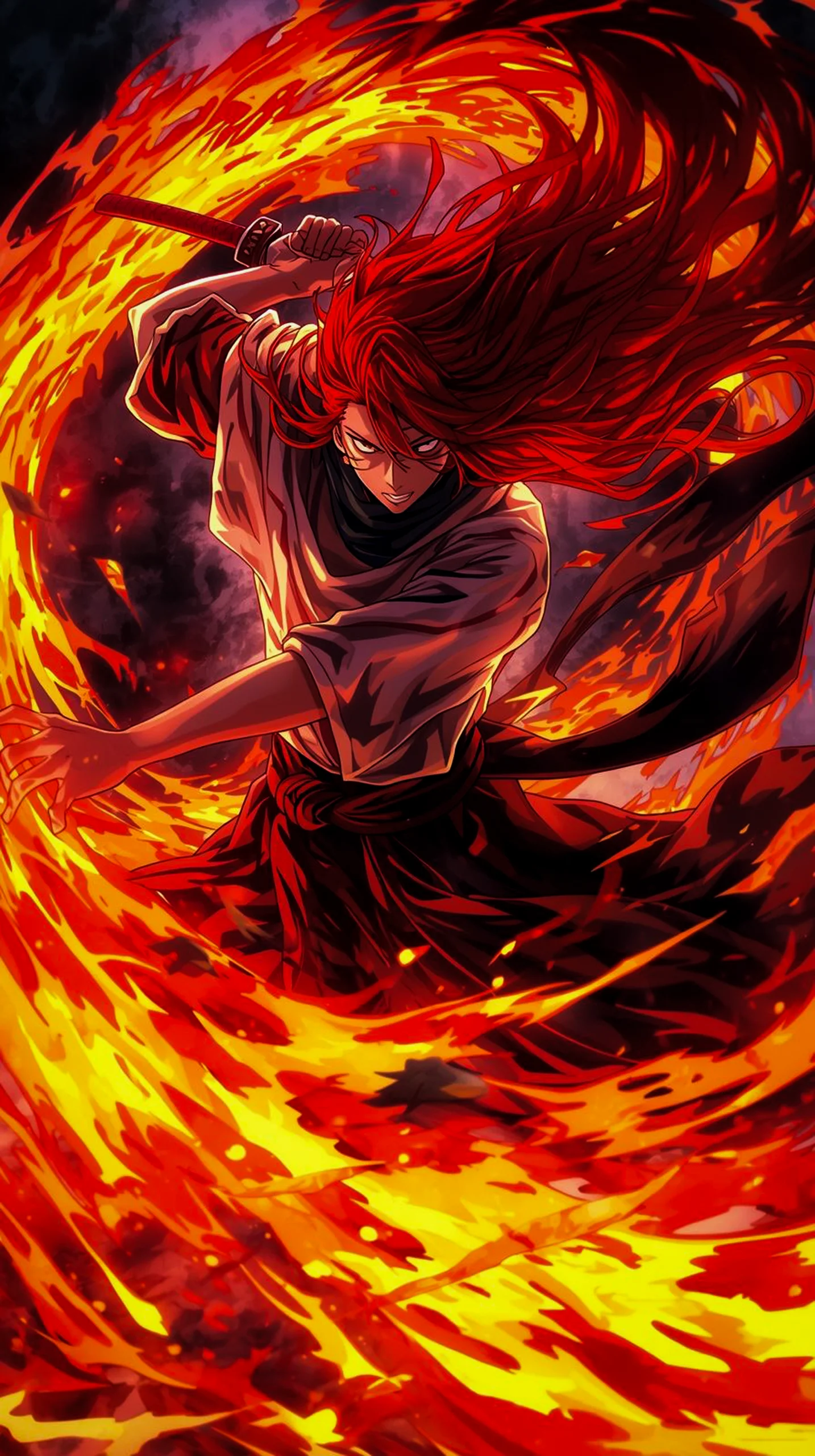 intense fiery samurai warrior anime wallpaper for phone 4K