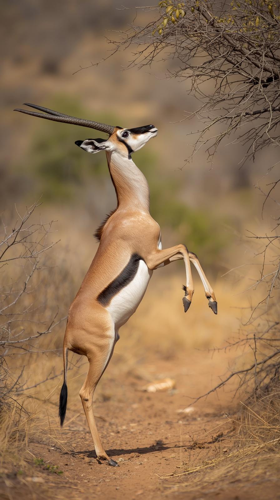 A graceful gerenuk standing on hind legs reaching for tree branches in the wild.