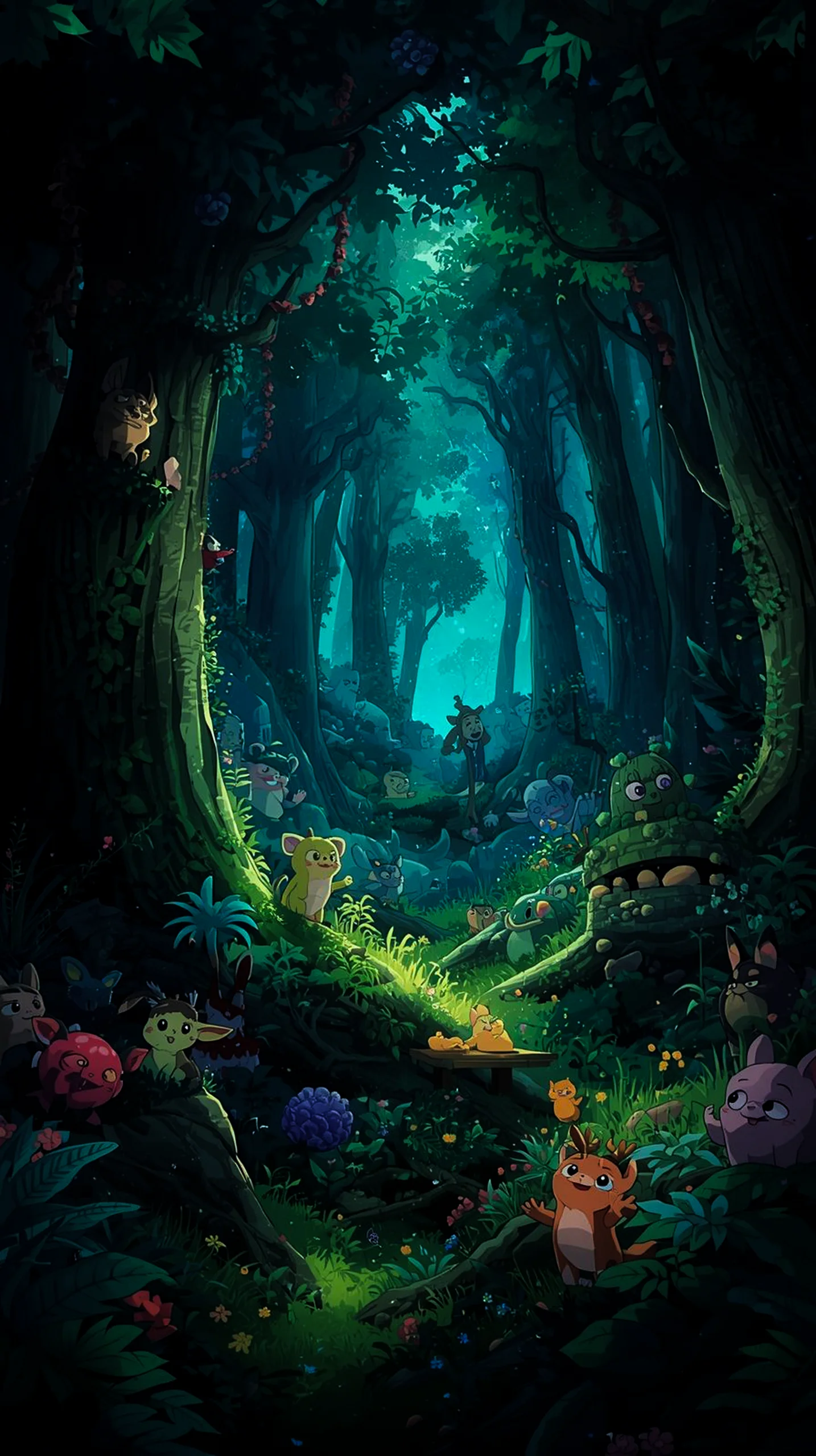 magical forest with cute creatures wallpaper for iPhone 4K