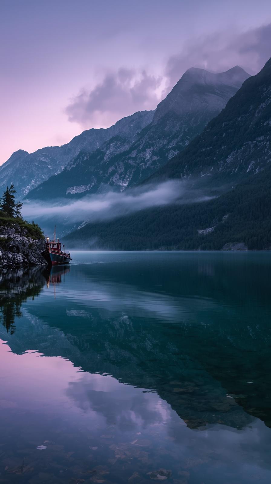 Calm fjord at twilight, mirror-like emerald water