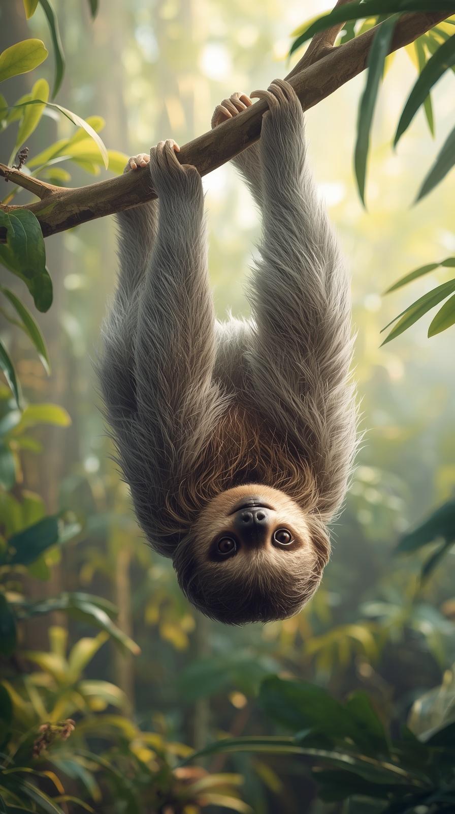 Adorable sloth hanging upside down in a lush, misty jungle.