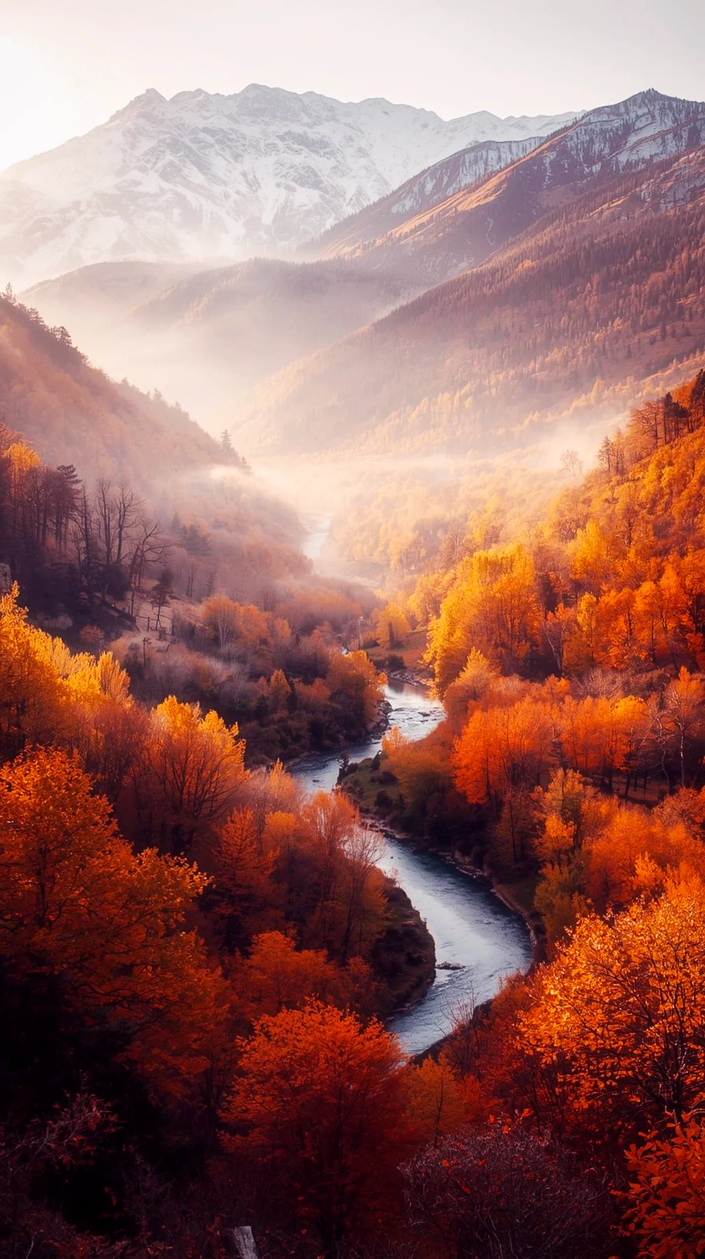 Autumn river valley 4K iPhone wallpaper with vibrant orange trees and misty mountains. 4K wallpaper for mobile, phone,