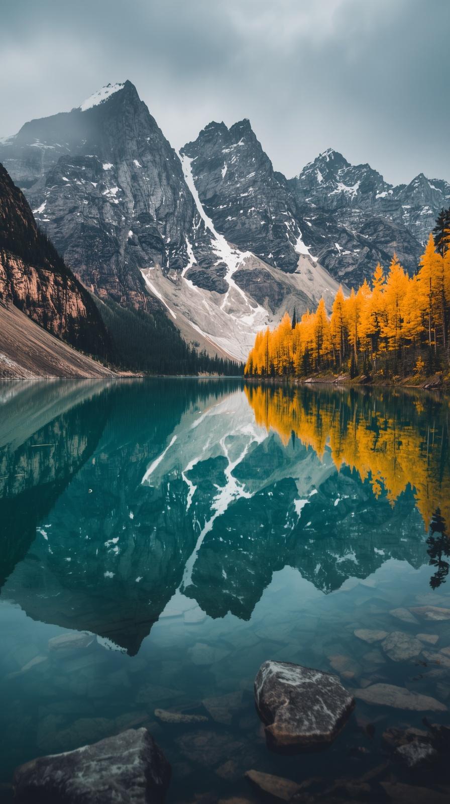 4k wallpaper for mobile Emerald lake surrounded by autumn larches turning bright yellow