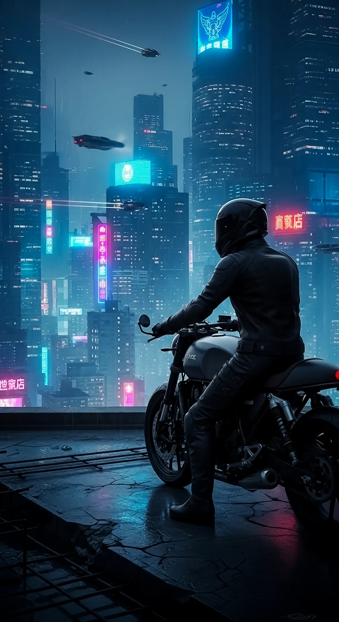 Cyberpunk city 4k wallpaper for mobile, featuring a motorcycle rider overlooking a neon city skyline. Ideal iPhone