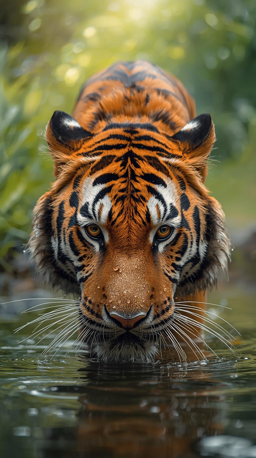 Majestic tiger with intense gaze emerging from water, wild and powerful.