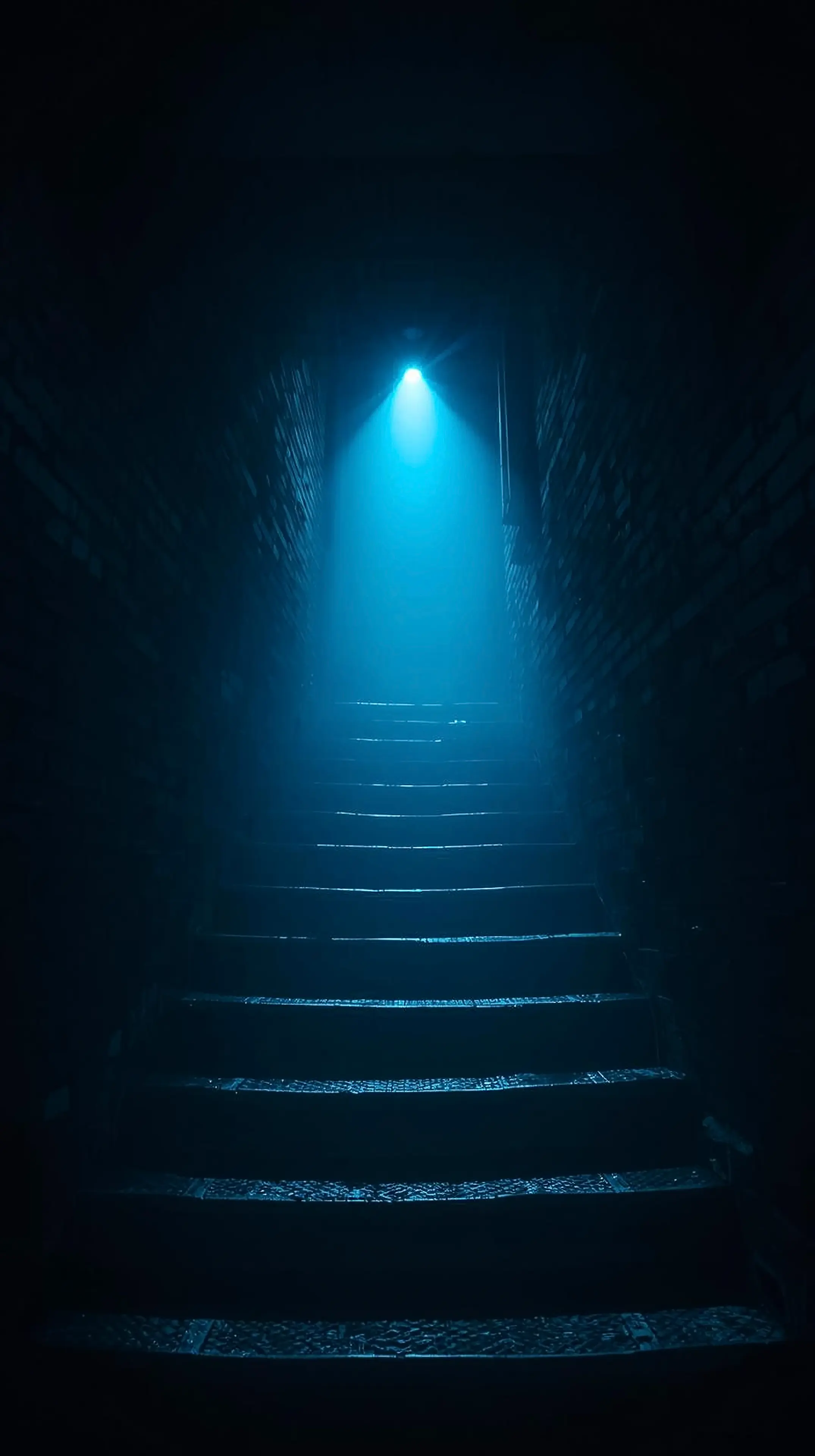 4k wallpaper for mobile Mysterious Blue Lit Staircase Tunnel, Dark Moody Brick Corridor with Dramatic Cyan Spotlight and Eerie Atmosphere