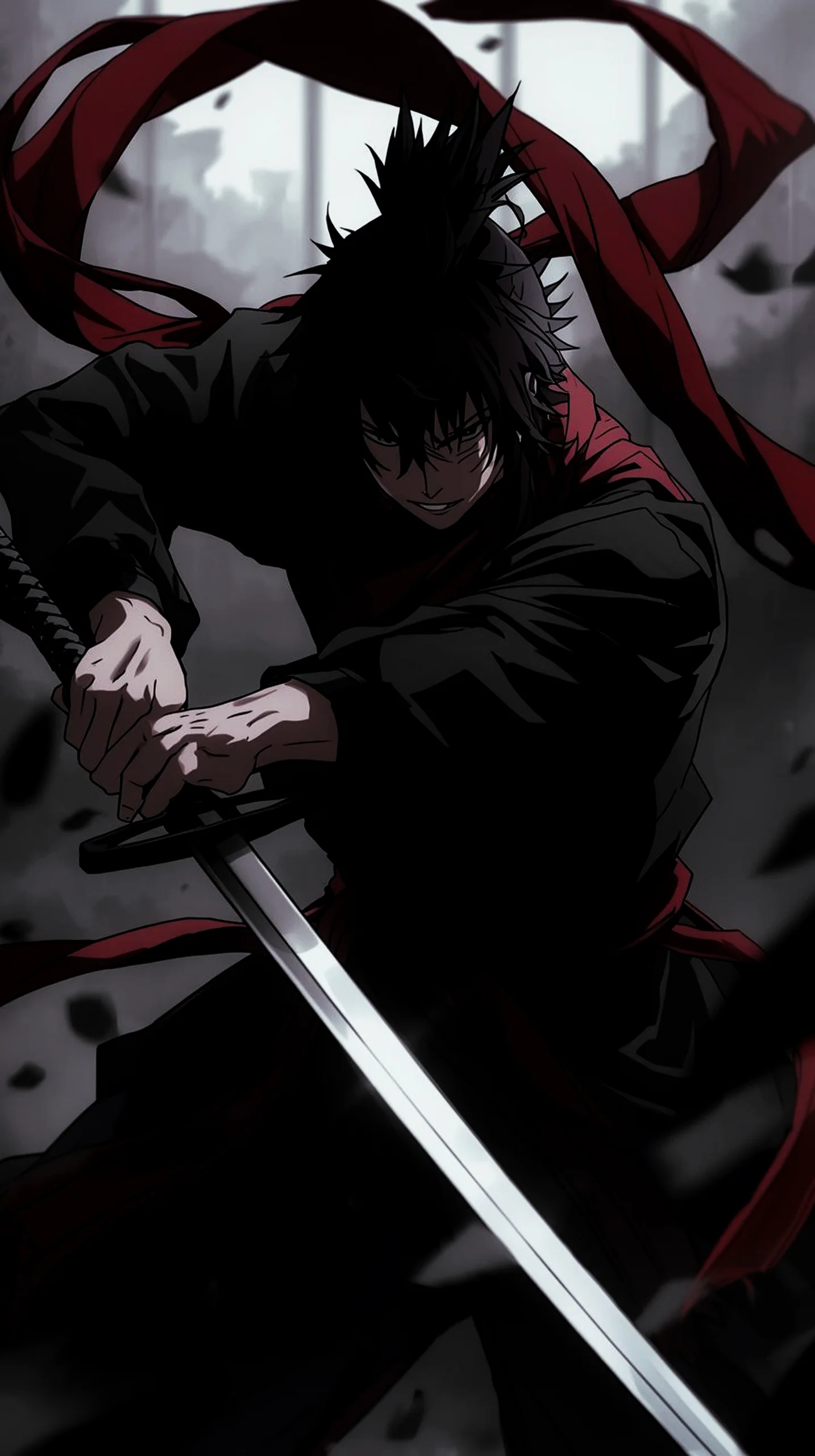 dark samurai anime warrior with katana wallpaper for iPhone 4K