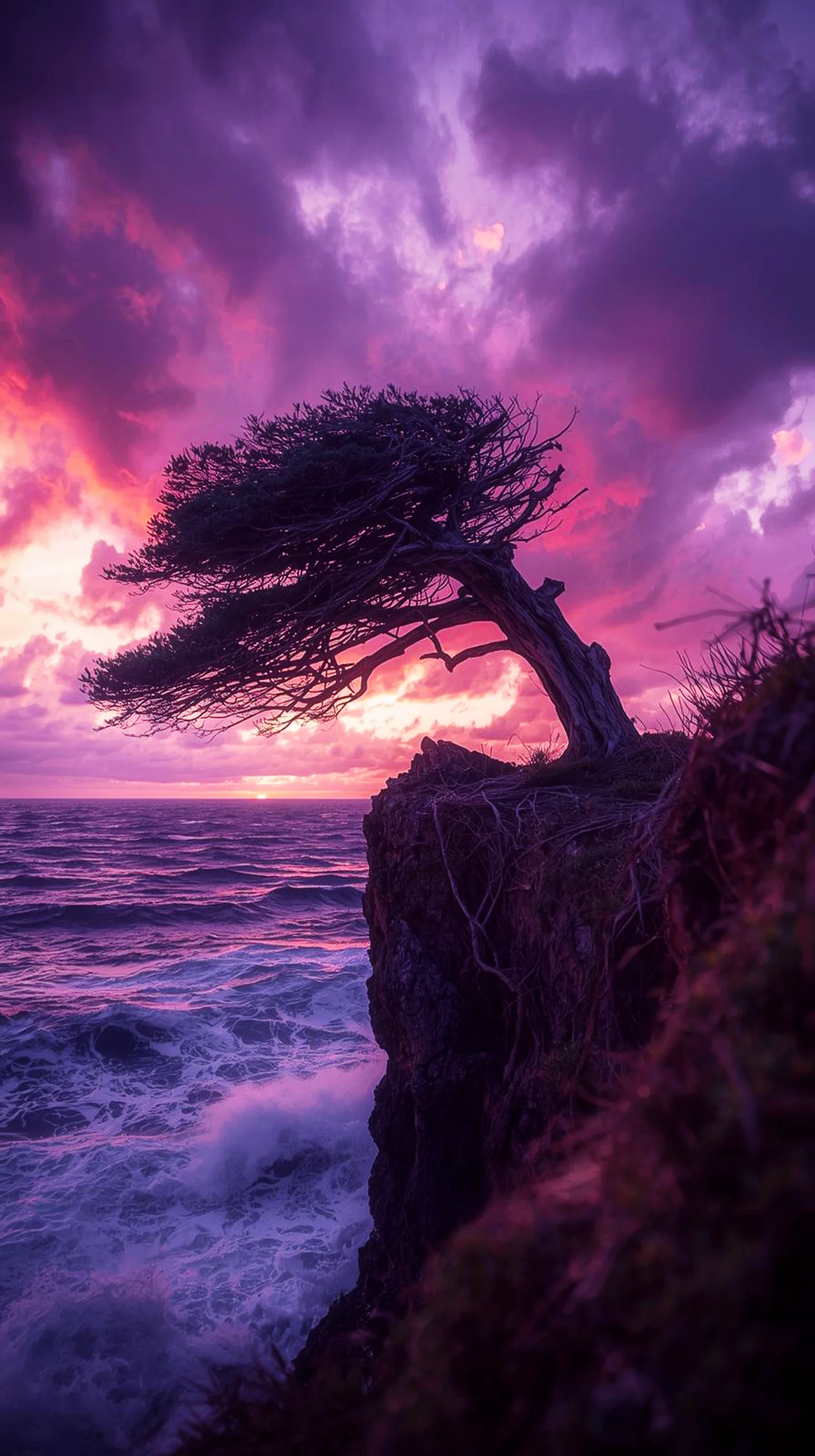 Purple sunset tree cliff iphone wallpaper 4k, 4k wallpaper for mobile, cute 4k backgrounds iphone, wallpaper for phone.