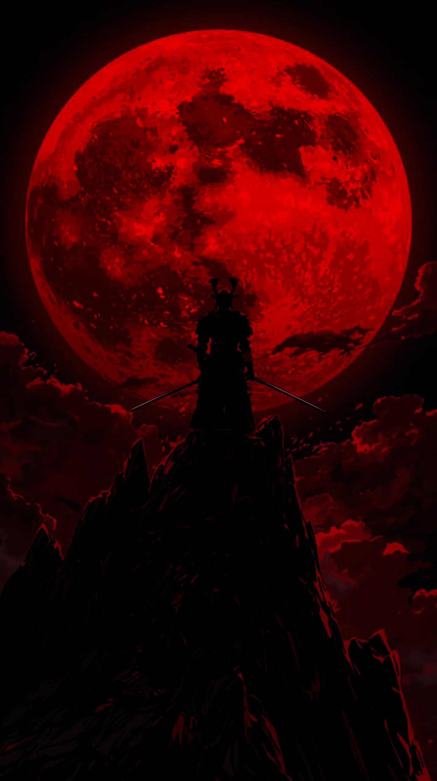 Samurai silhouette under red moon, aesthetic anime phone wallpaper 4k, cool wallpapers for phone, iphone wallpaper 4k