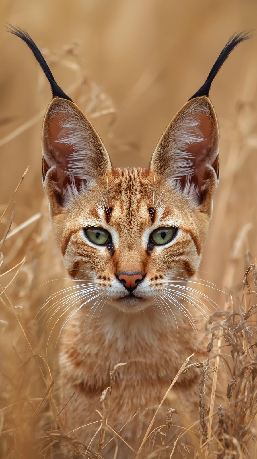 A majestic caracal cat with tufted ears standing in golden dry grass field.