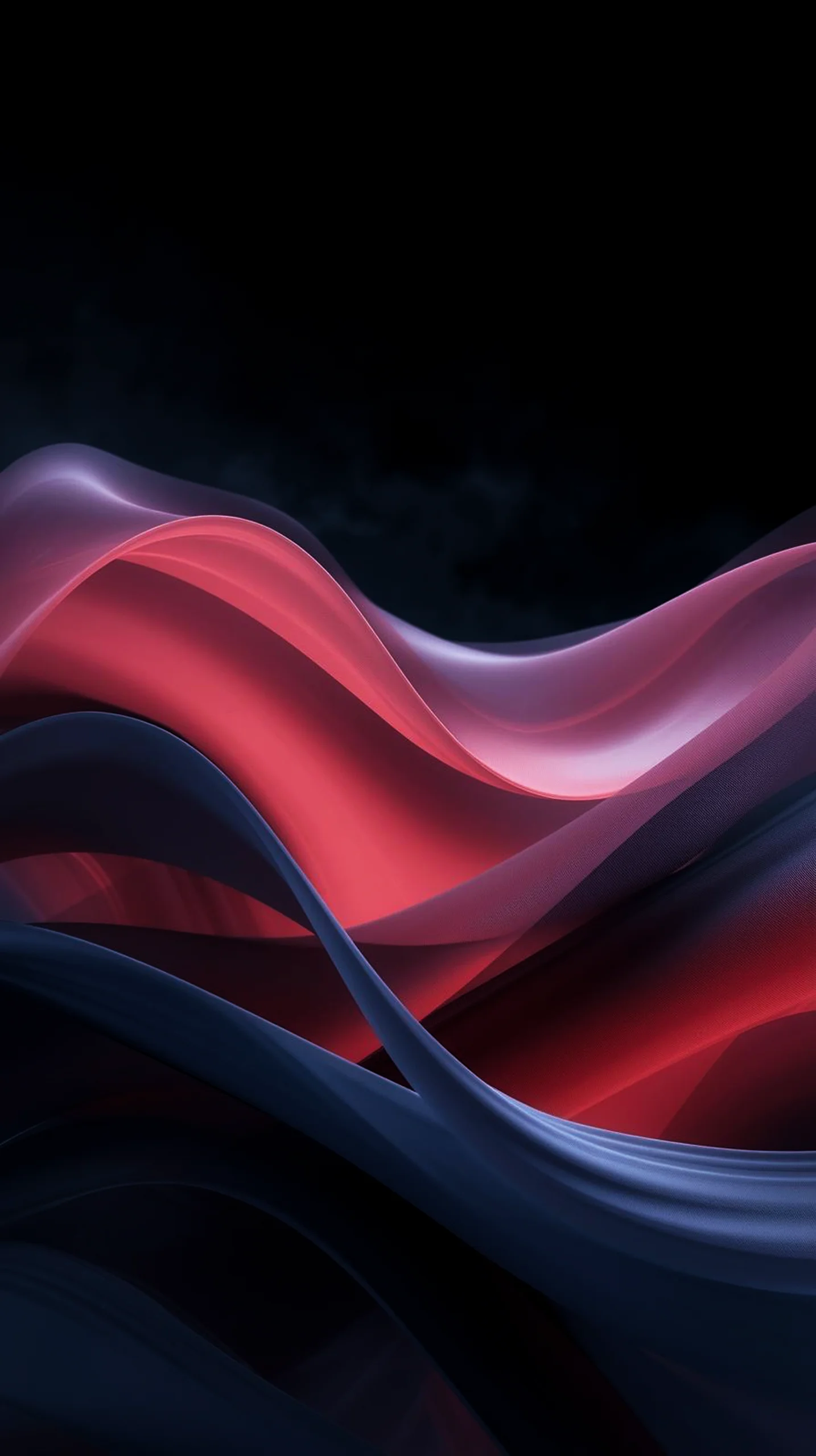 Abstract flowing red and blue waves on a deep black AMOLED background for mobile phones.
