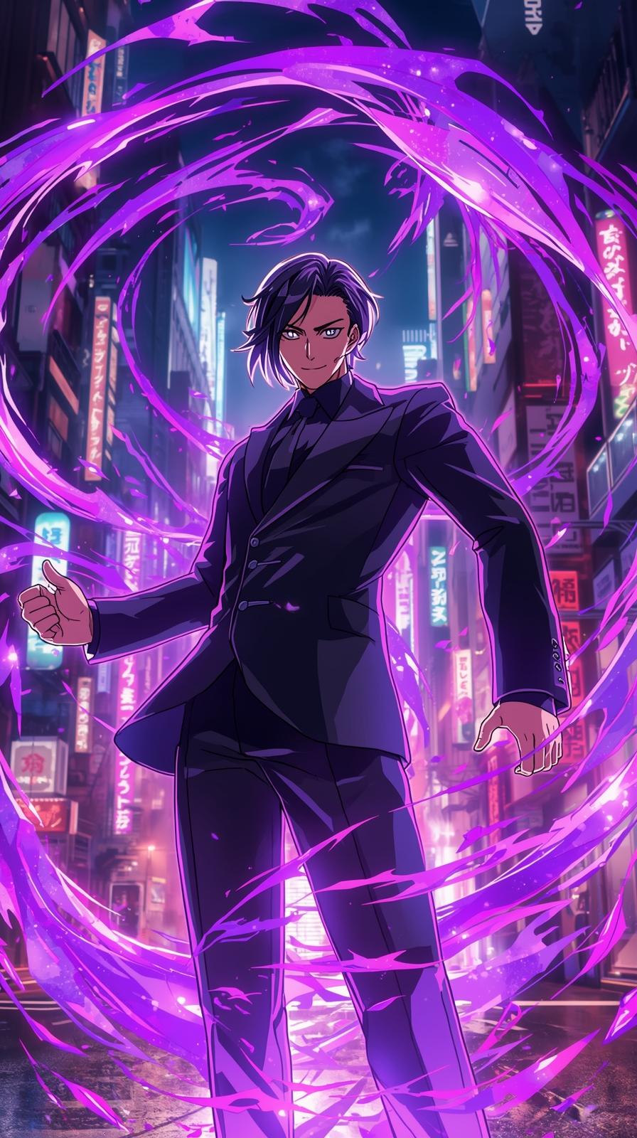 4k backgrounds iphone - Stylish anime man in a black suit surrounded by swirling purple mystical energy in a neon-lit night city street.
