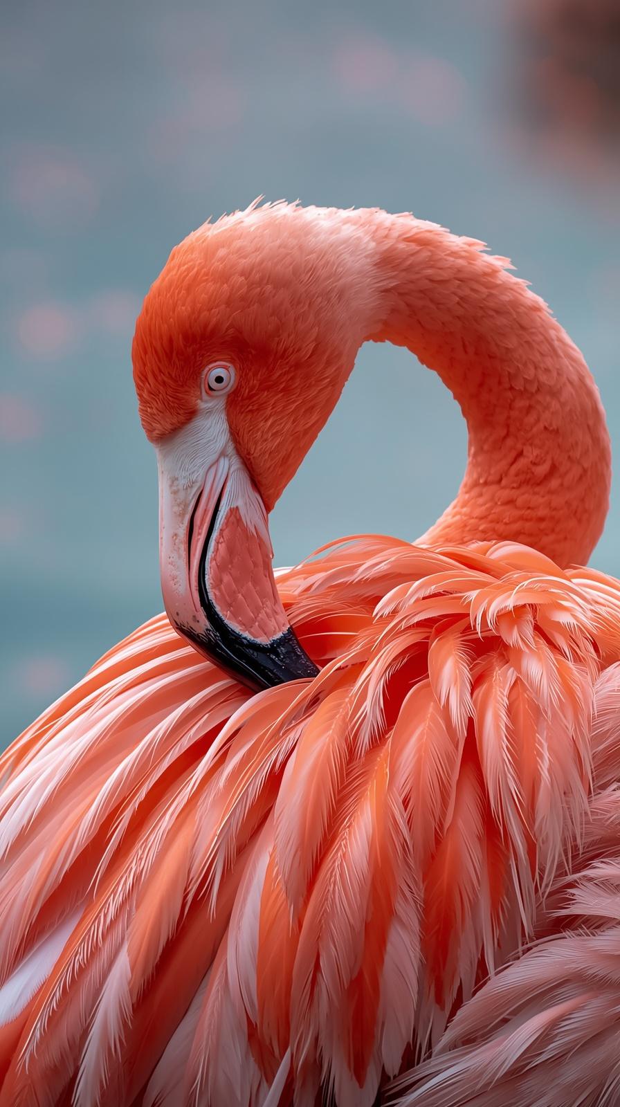 Close up portrait of a beautiful vibrant pink flamingo with soft blurred background
