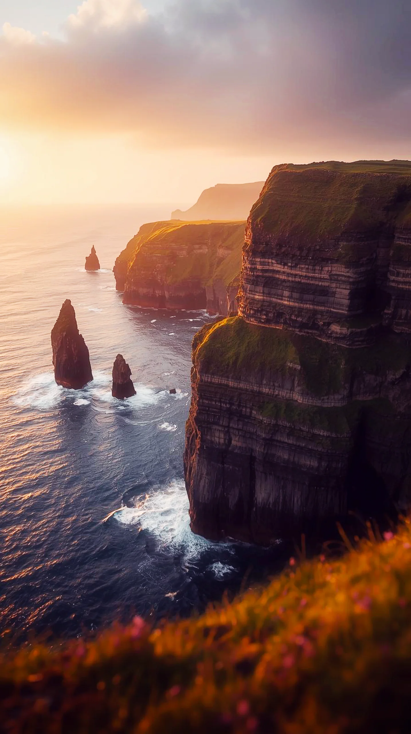 A scenic view of the Cliffs of Moher at sunset with rugged sea stacks and glowing golden light over the ocean.