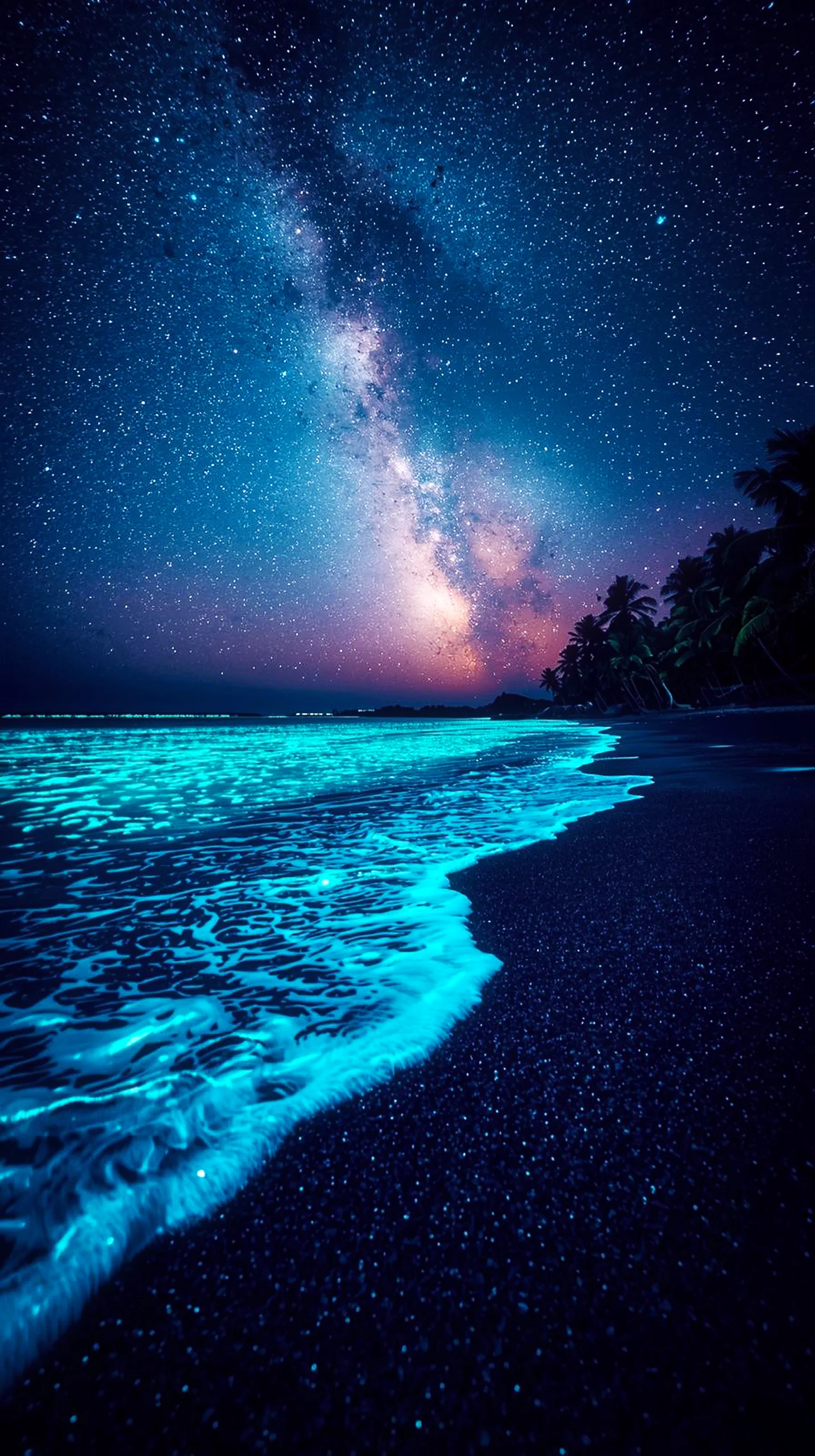 4K iPhone wallpaper of the Milky Way galaxy above a glowing blue bioluminescent beach at night. Perfect 4K wallpaper