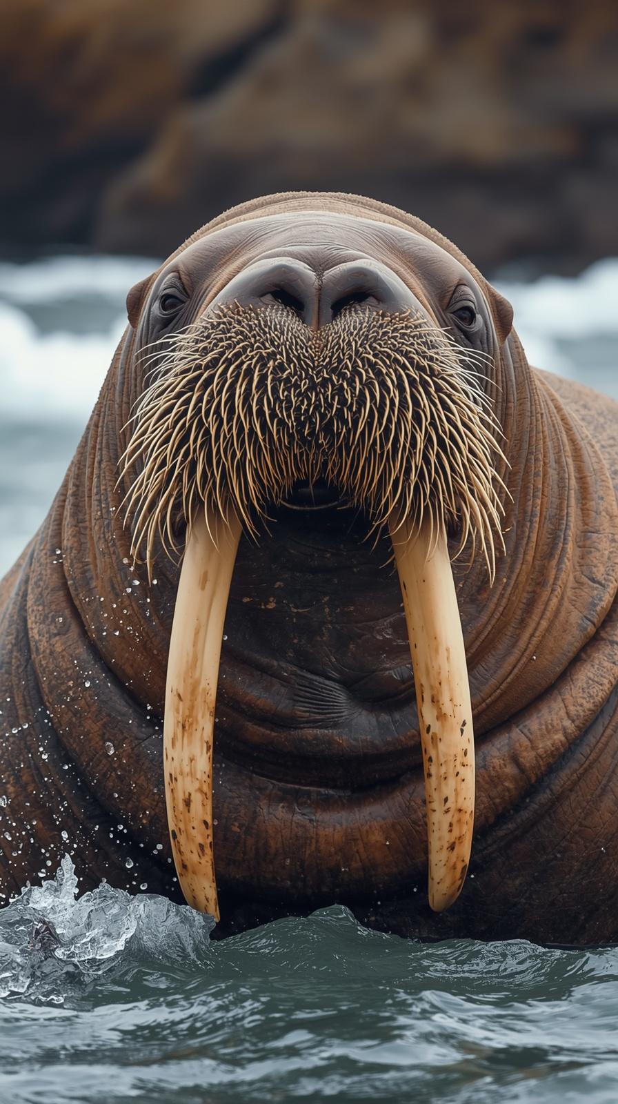 Close-up of a majestic walrus with large tusks in ocean water.