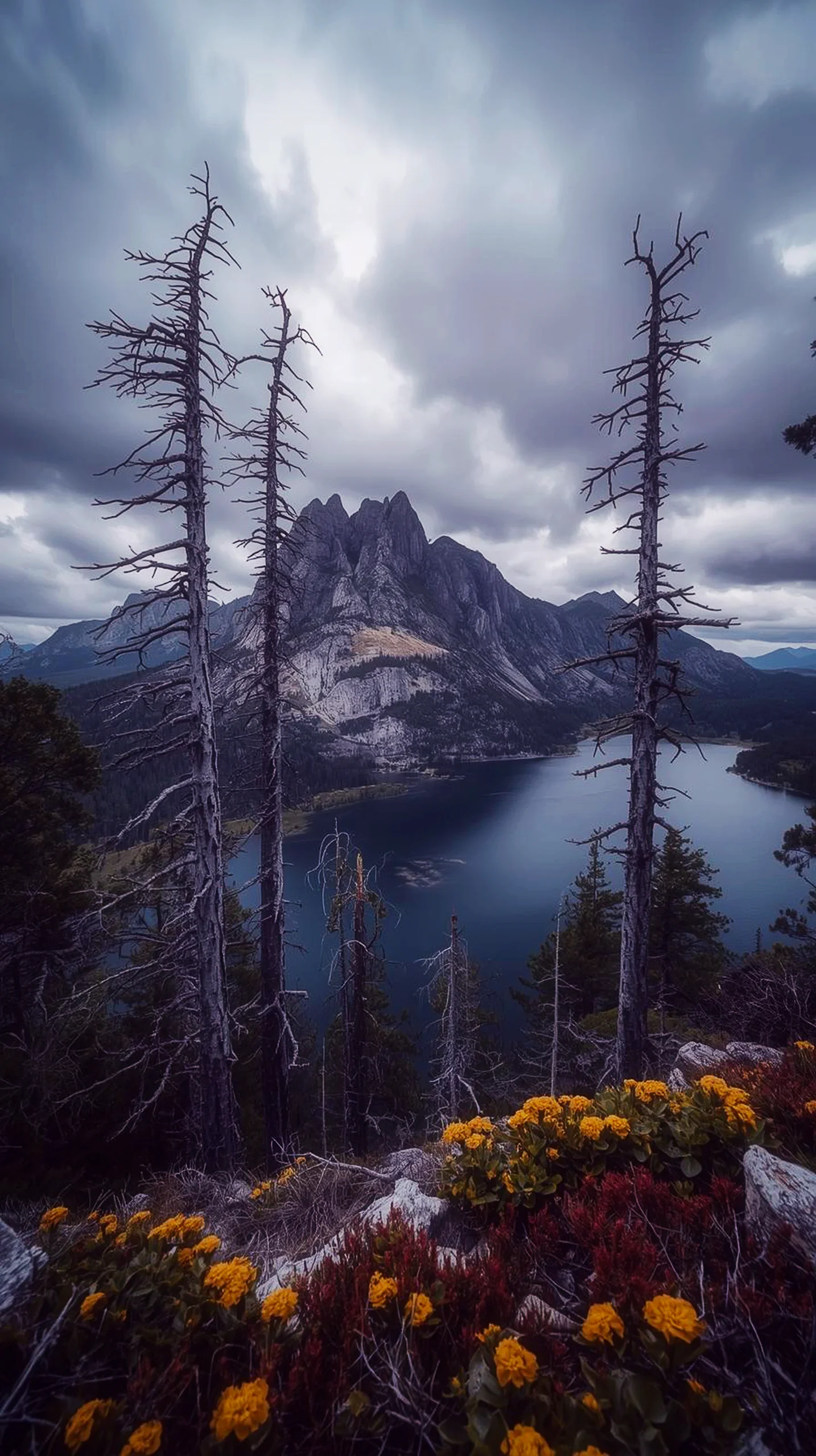 iPhone wallpaper 4k of a moody mountain lake with dead trees and yellow wildflowers. 4K wallpaper for mobile, wallpaper