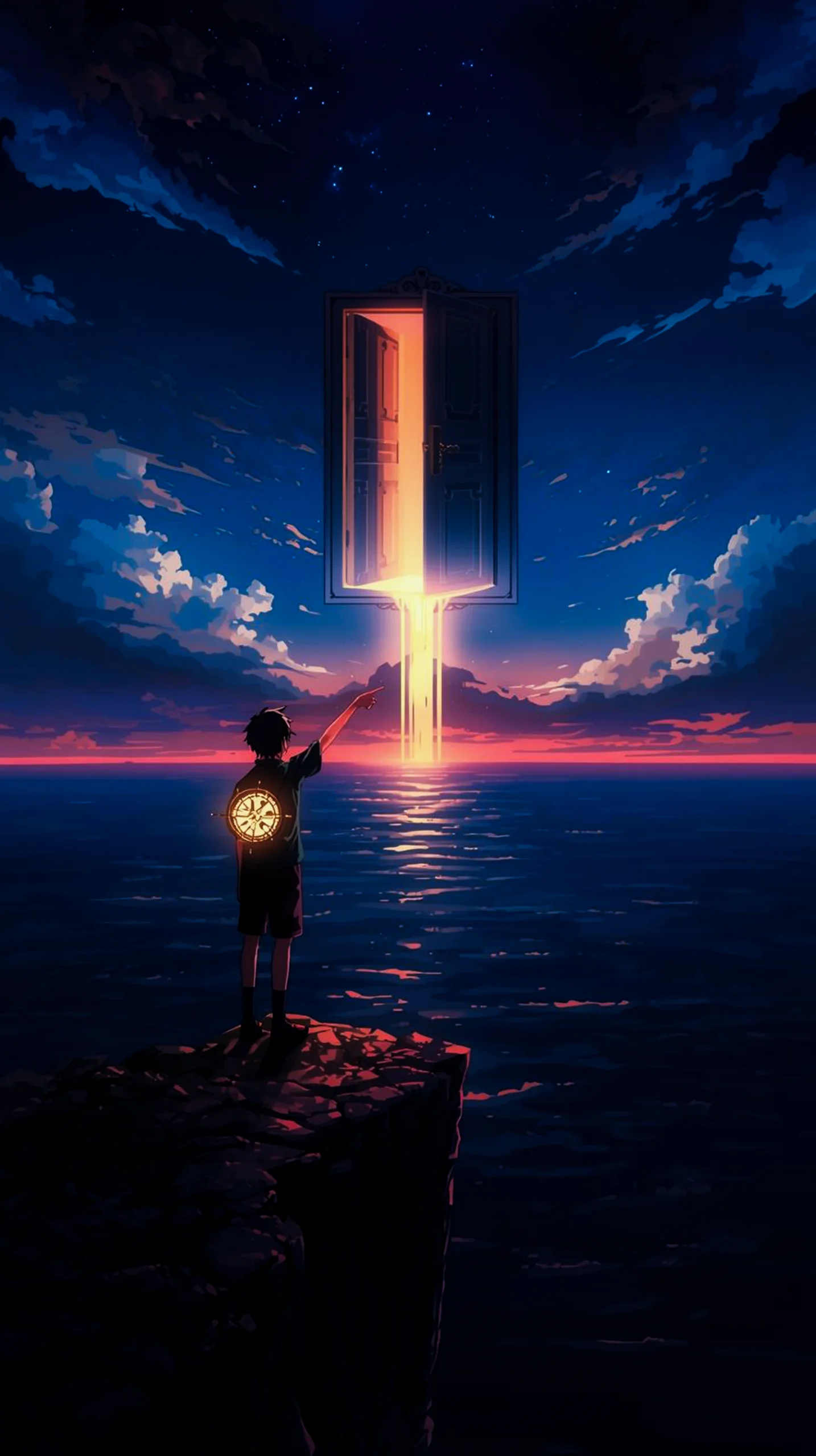 ethereal anime boy pointing at glowing door phone wallpaper 4K