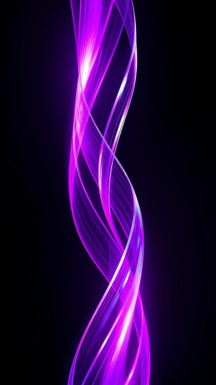 Purple neon flowing ribbons on black, iridescent highlights, Purple neon flowing ribbons