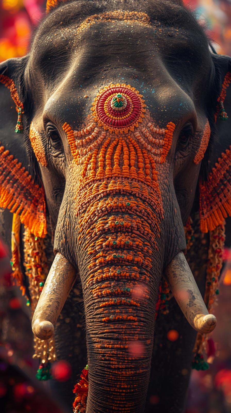 A majestic decorated elephant with vibrant orange cultural patterns in a regal portrait style.