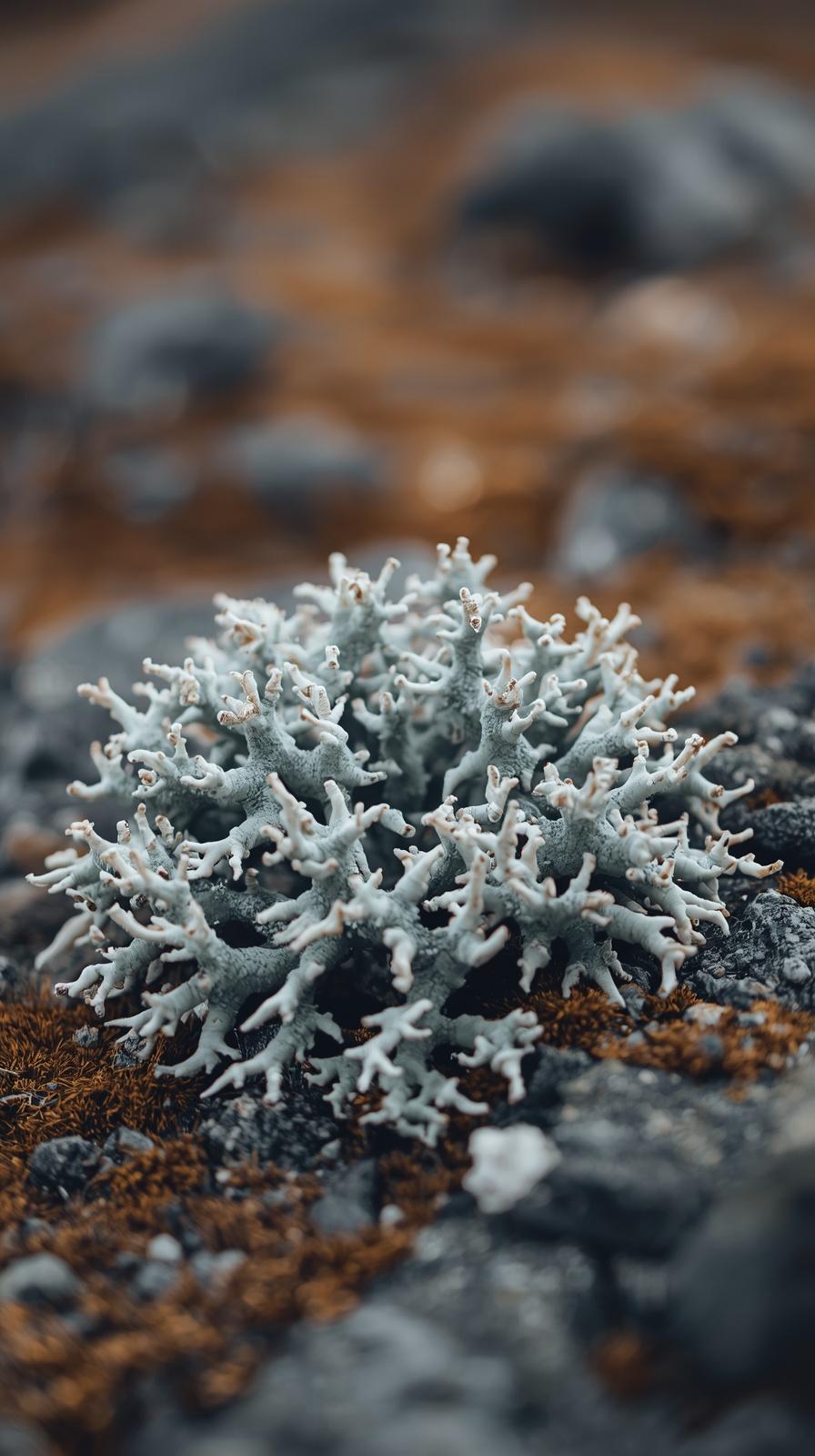 Close-up of a pale, branching lichen plant growing on dark volcanic rocks in a natural setting.