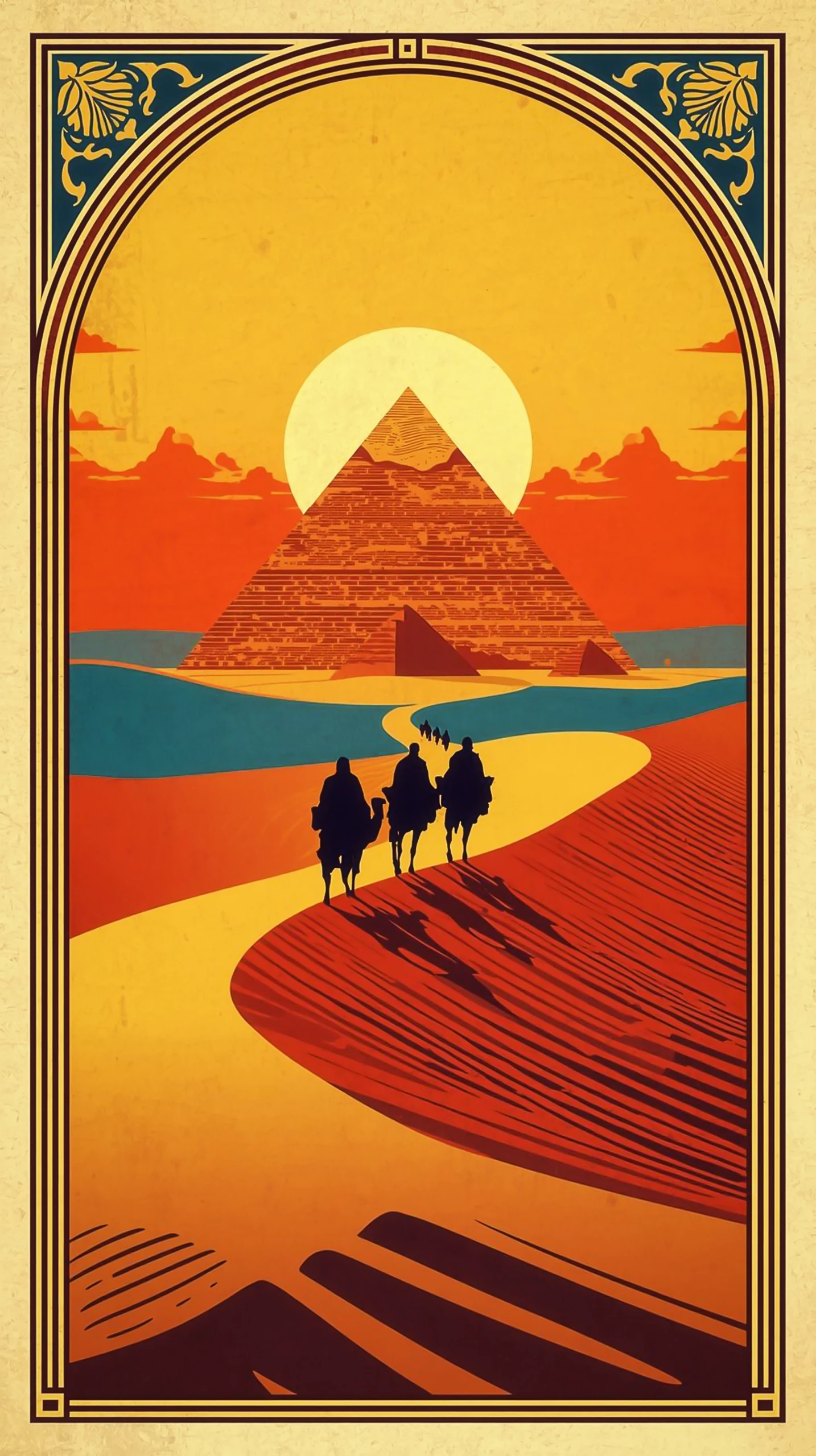 Desert Wallpaper — Art Deco Pyramids and Camel Caravan | 4kwallpapar