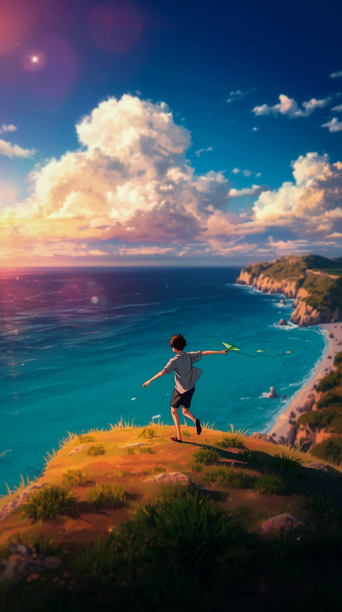 vibrant anime boy cliff ocean wallpaper for phone 4K
