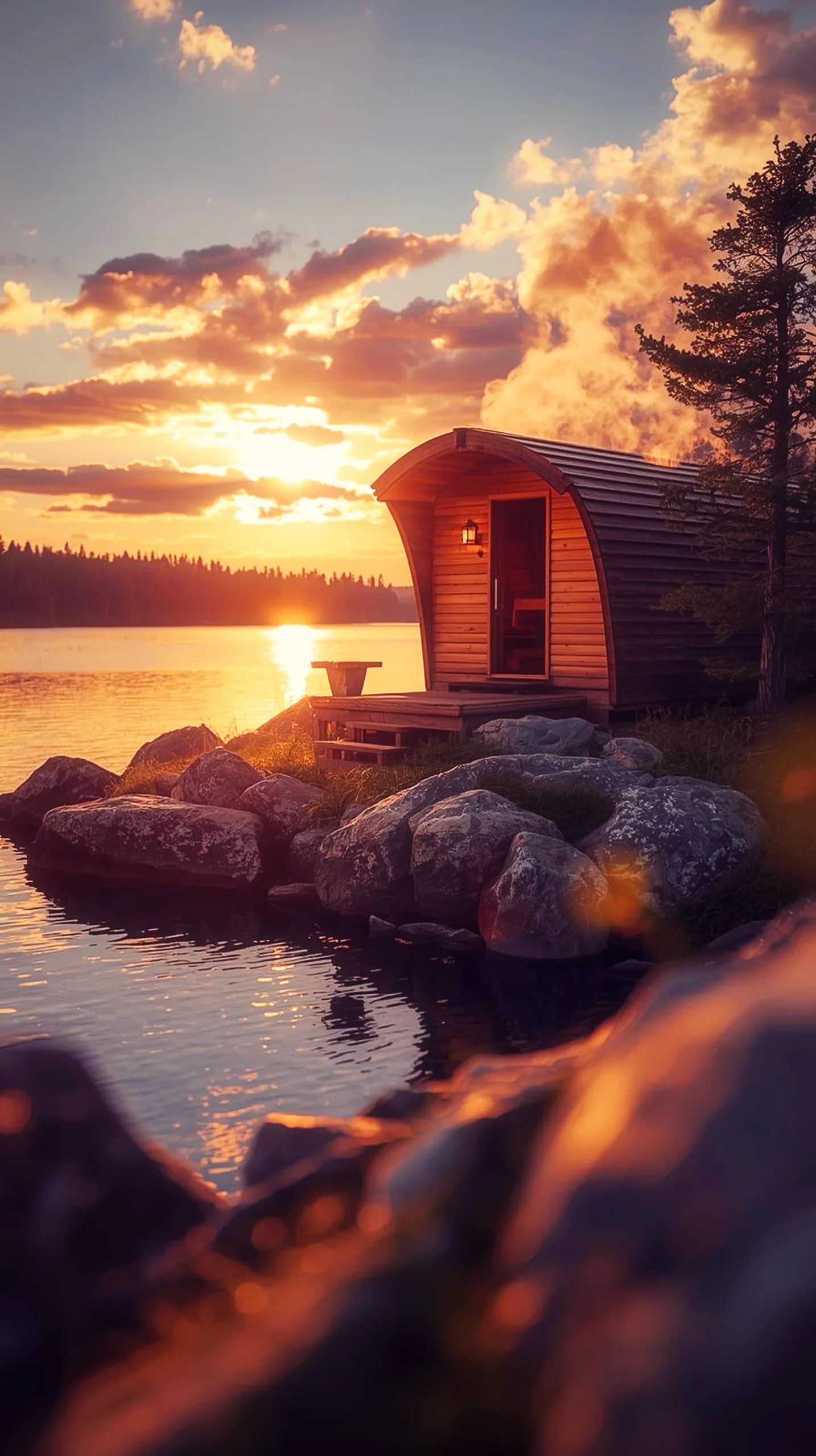 Sunset lake cabin iphone wallpaper 4k, 4k wallpaper for mobile, wallpaper for phone, cute 4k wallpaper for iphone.