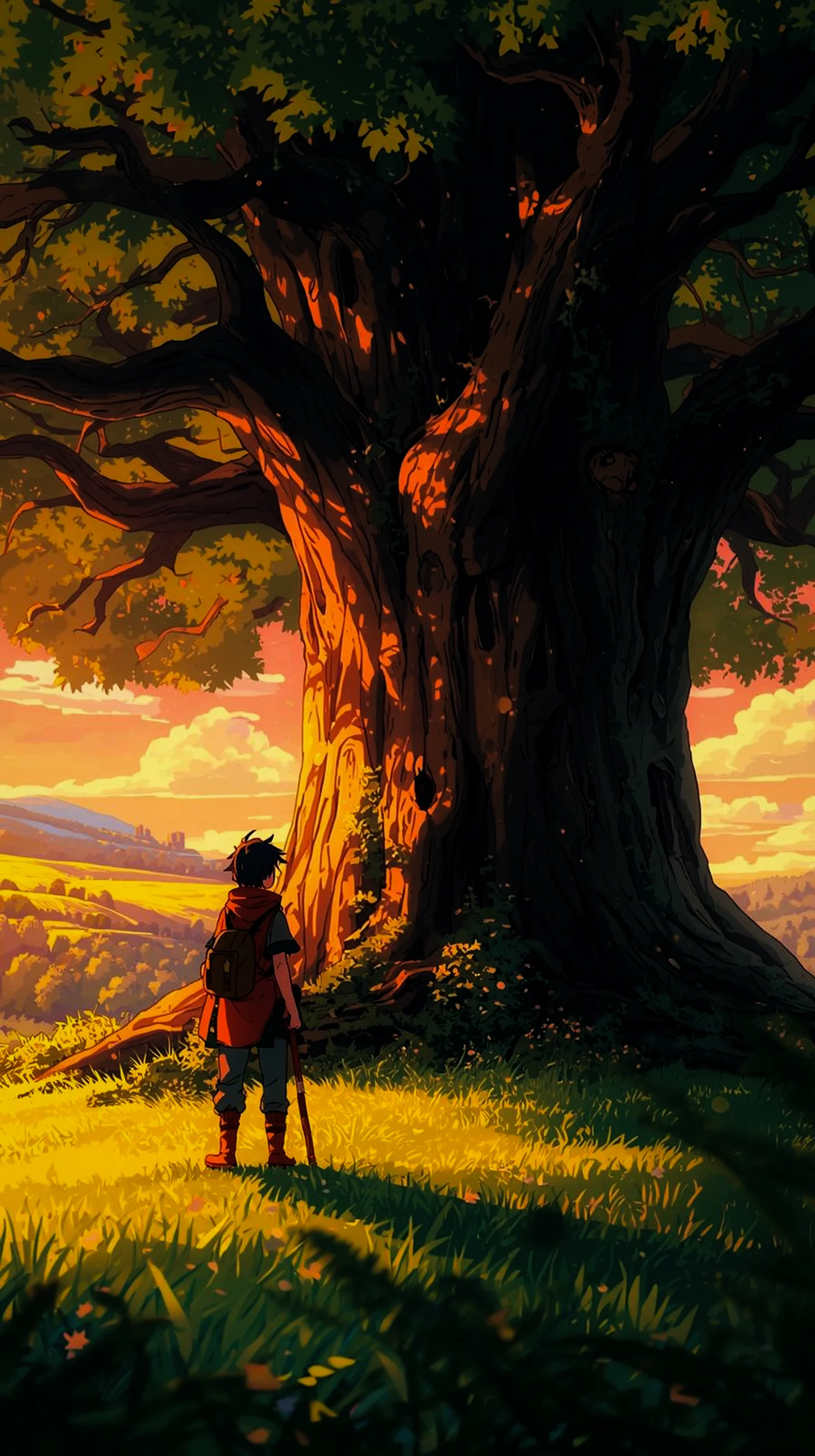 serene anime traveler under ancient tree wallpaper for phone 4K