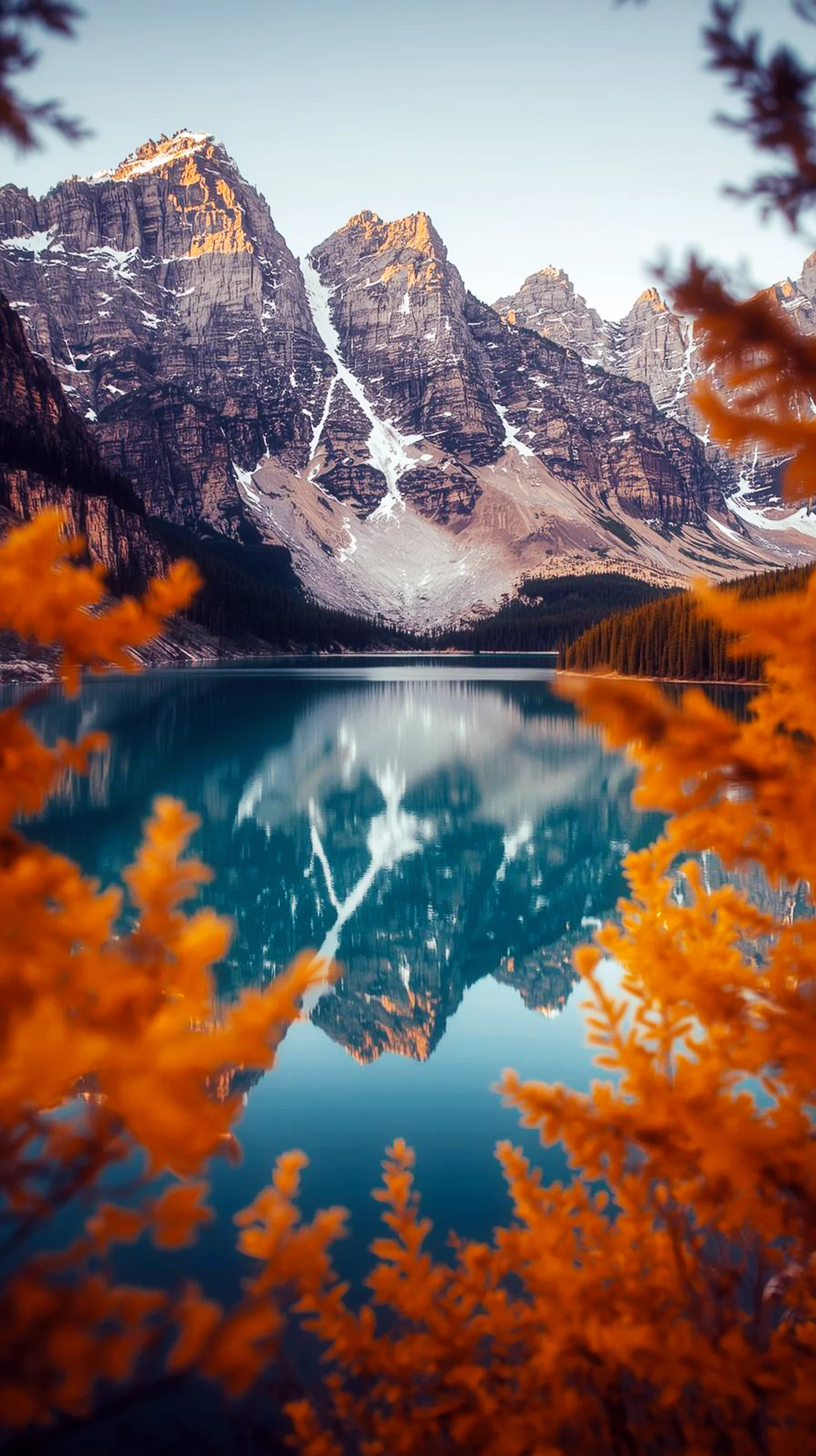 iPhone wallpaper 4k of majestic mountains reflected in a lake, with autumn foliage. 4k wallpaper for mobile, wallpaper