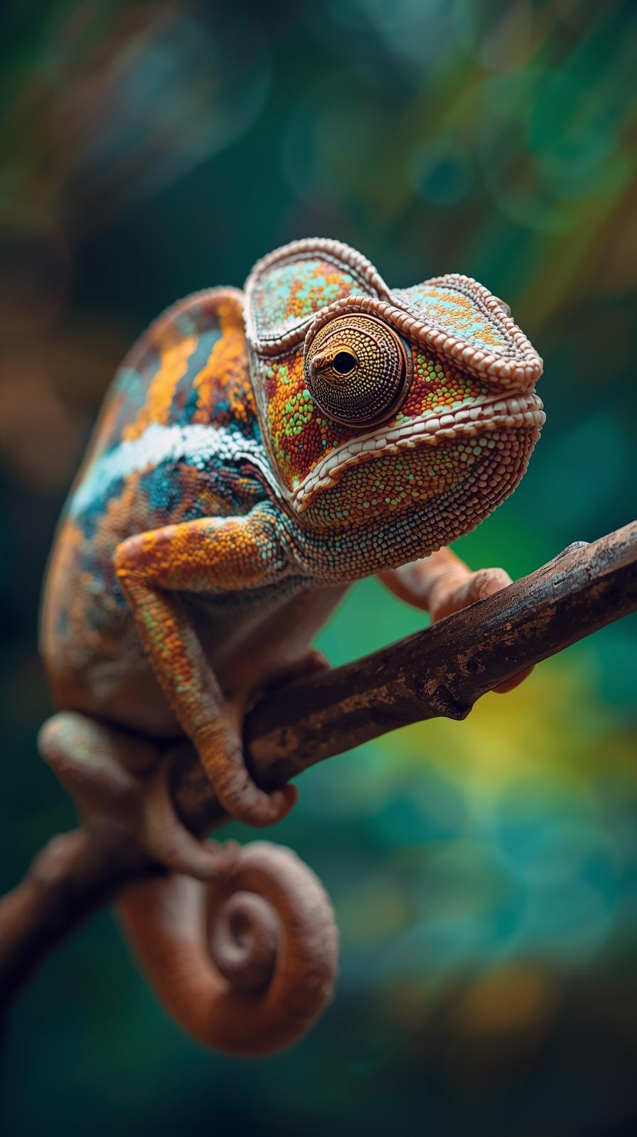 A colorful chameleon perched on a branch with a blurred forest background.