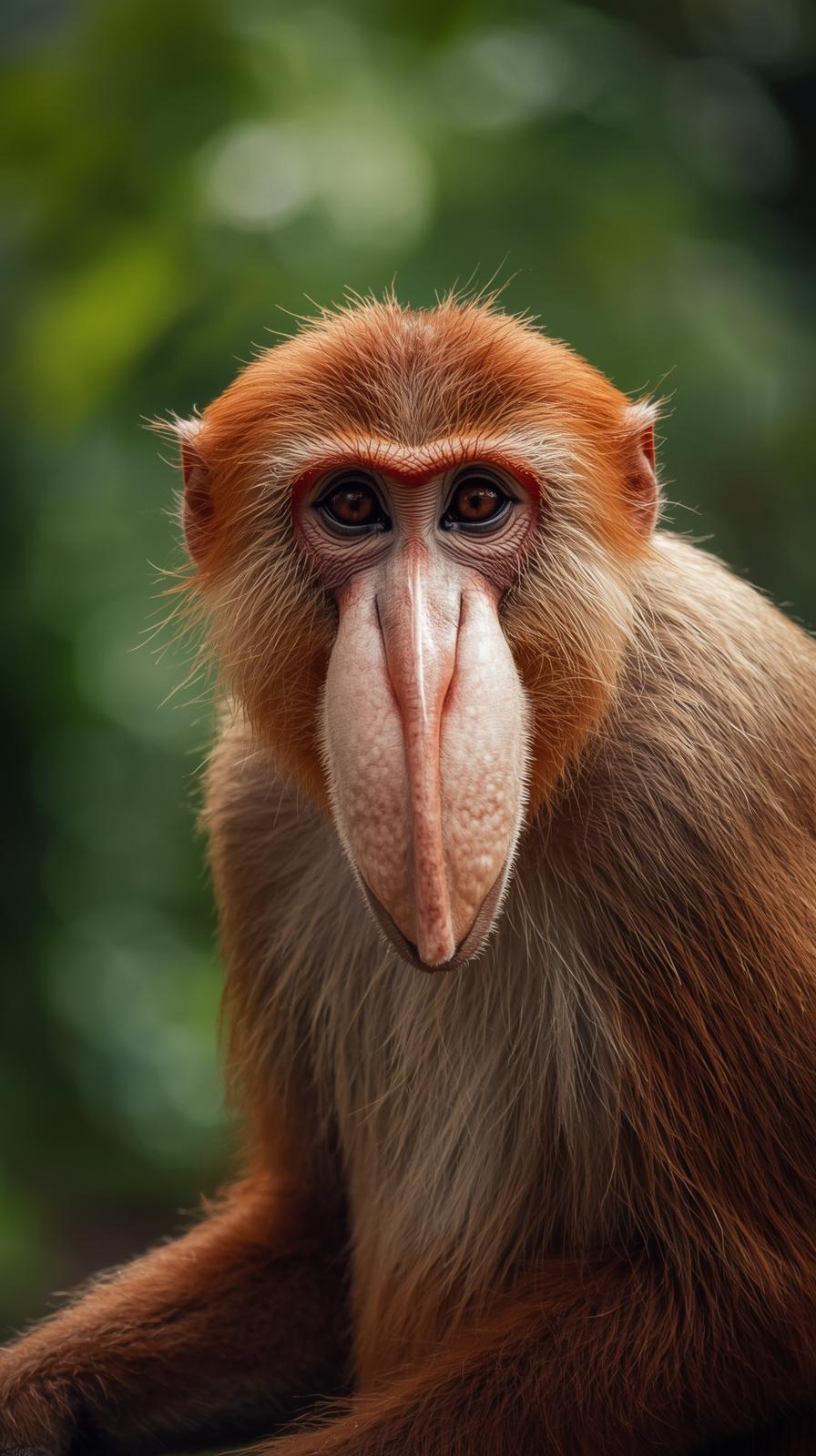 A close-up portrait of a unique proboscis monkey with vibrant fur and a long nose.
