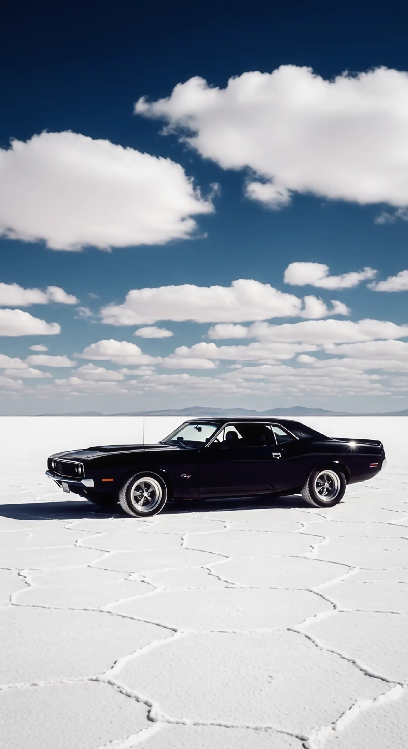 Vintage black car on a salt flat, perfect as a car iPhone wallpaper or car wallpaper 4k for mobile.