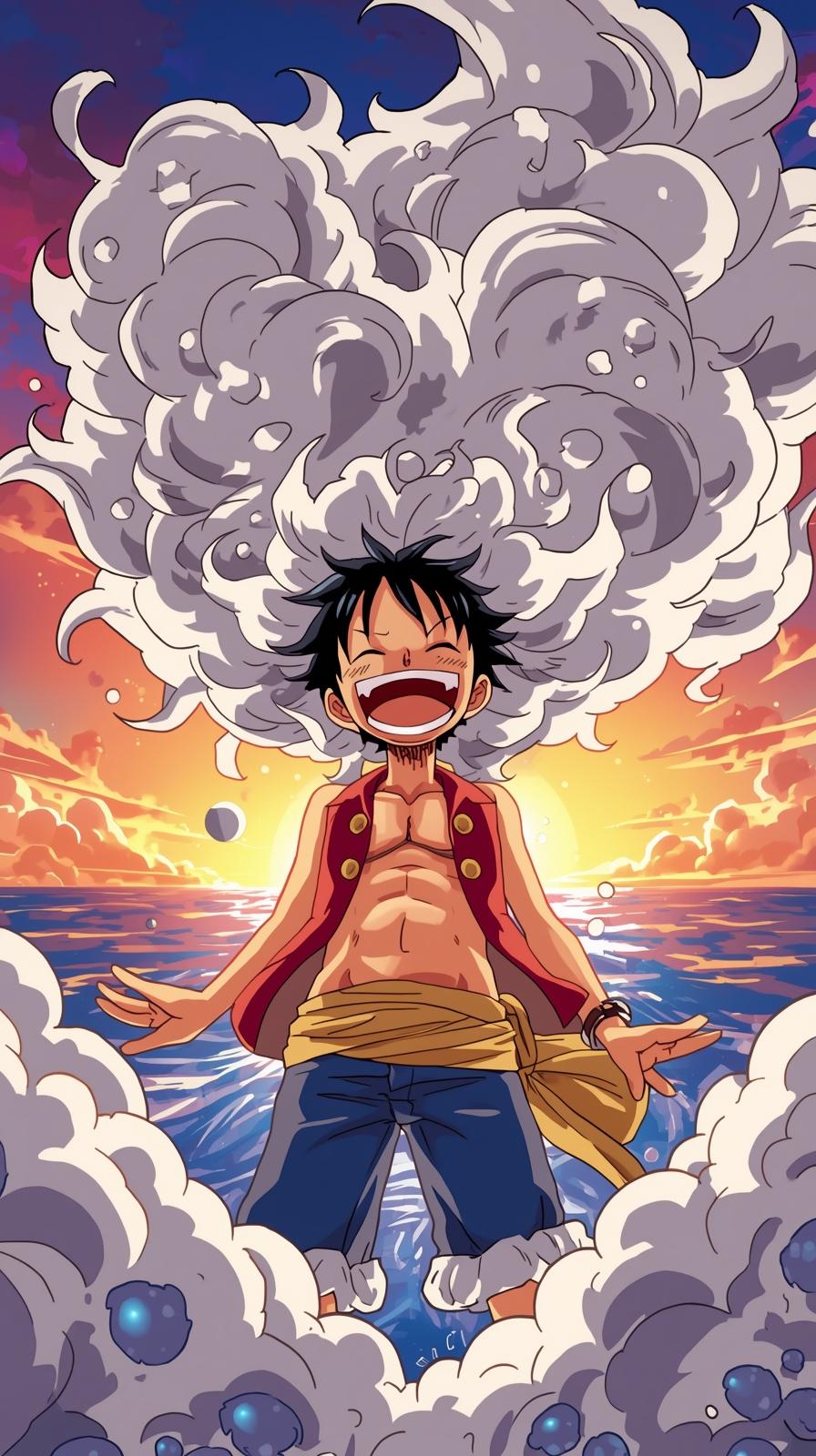 mbl wallpapers – Joyful anime captain with massive white flowing hair celebrating on a pirate ship against a vibrant sunset ocean and golden cloud background.