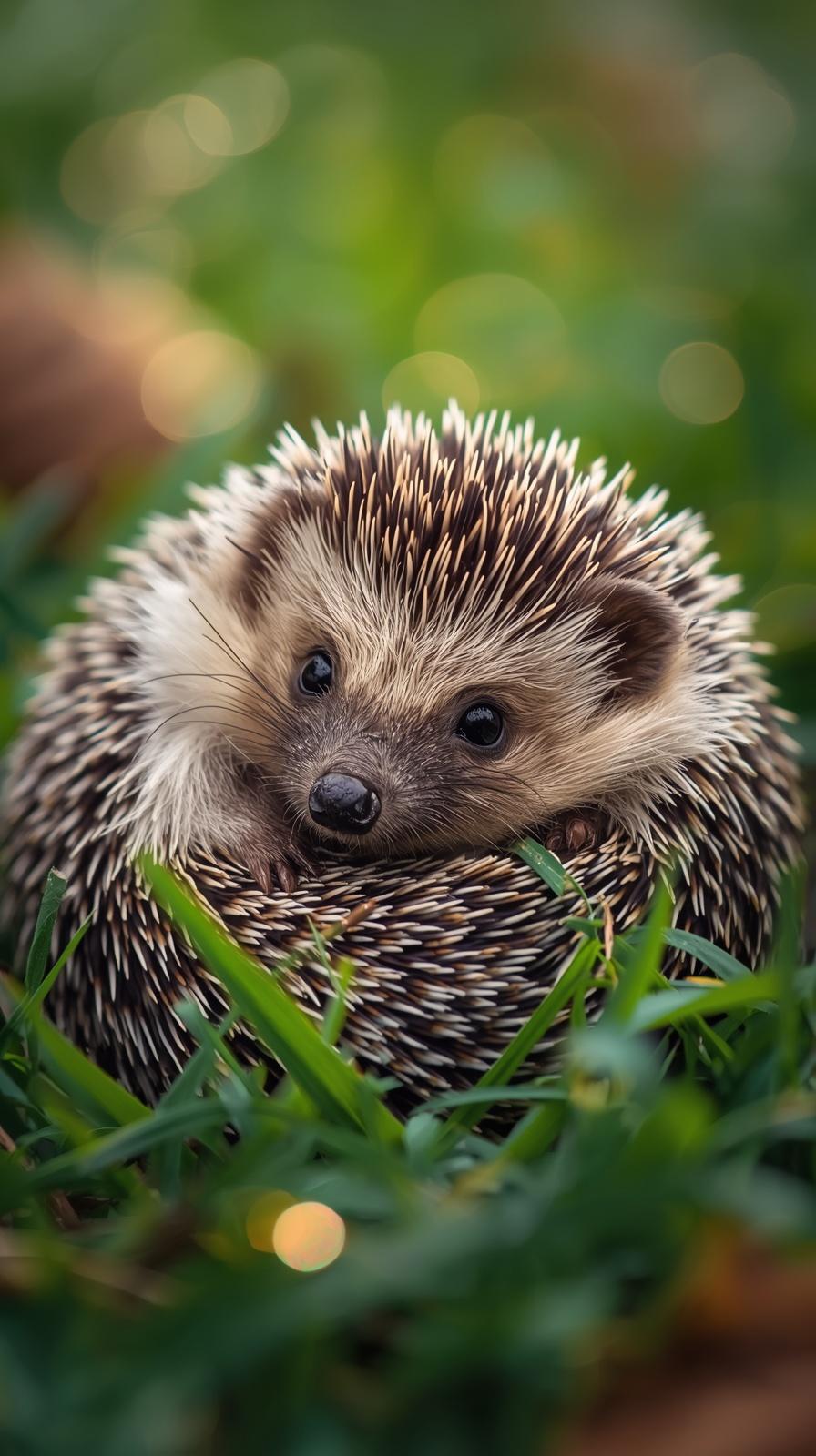 Cute hedgehog resting in grass with soft bokeh background.