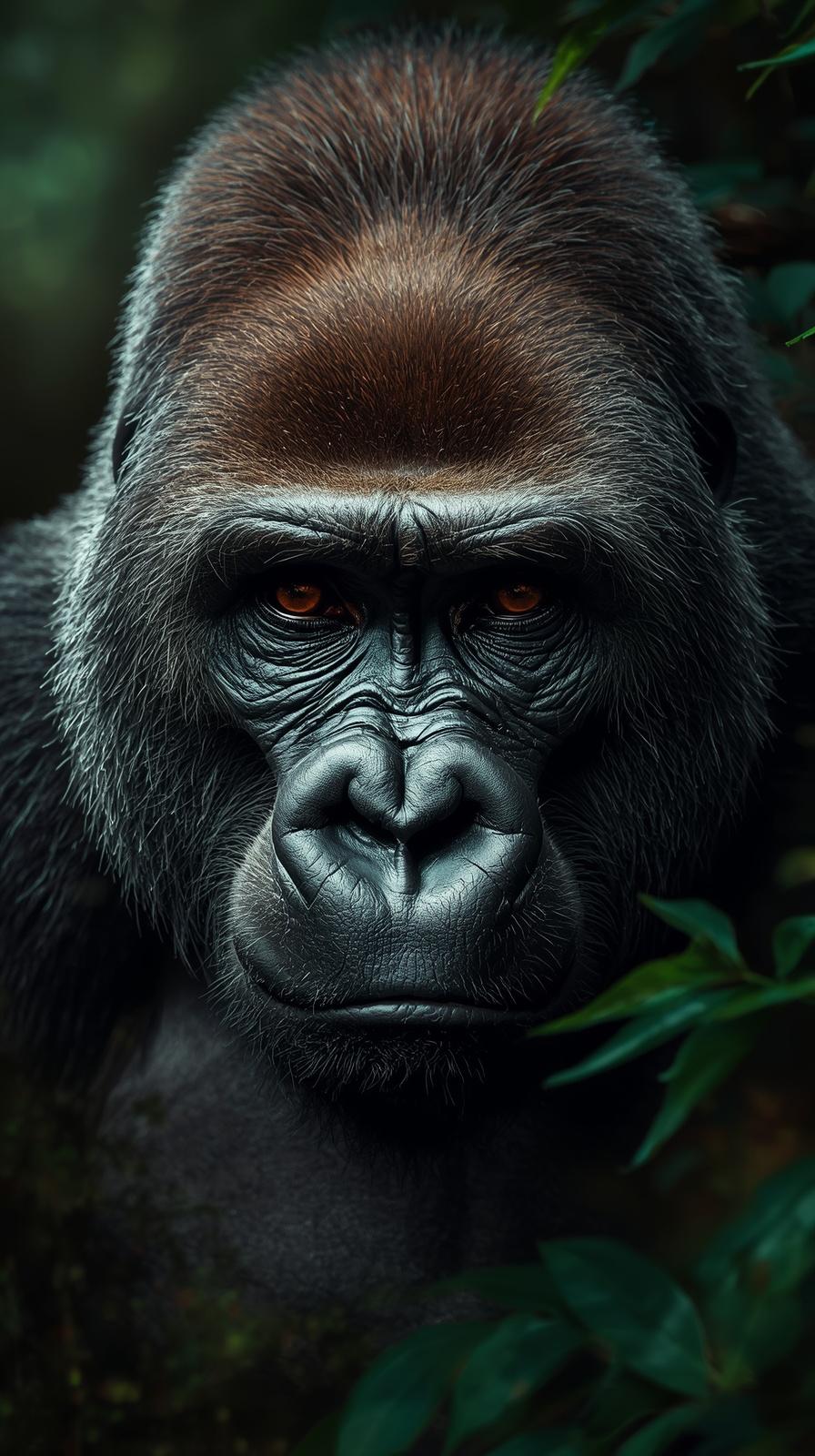A close-up portrait of a powerful gorilla with intense amber eyes in the jungle.