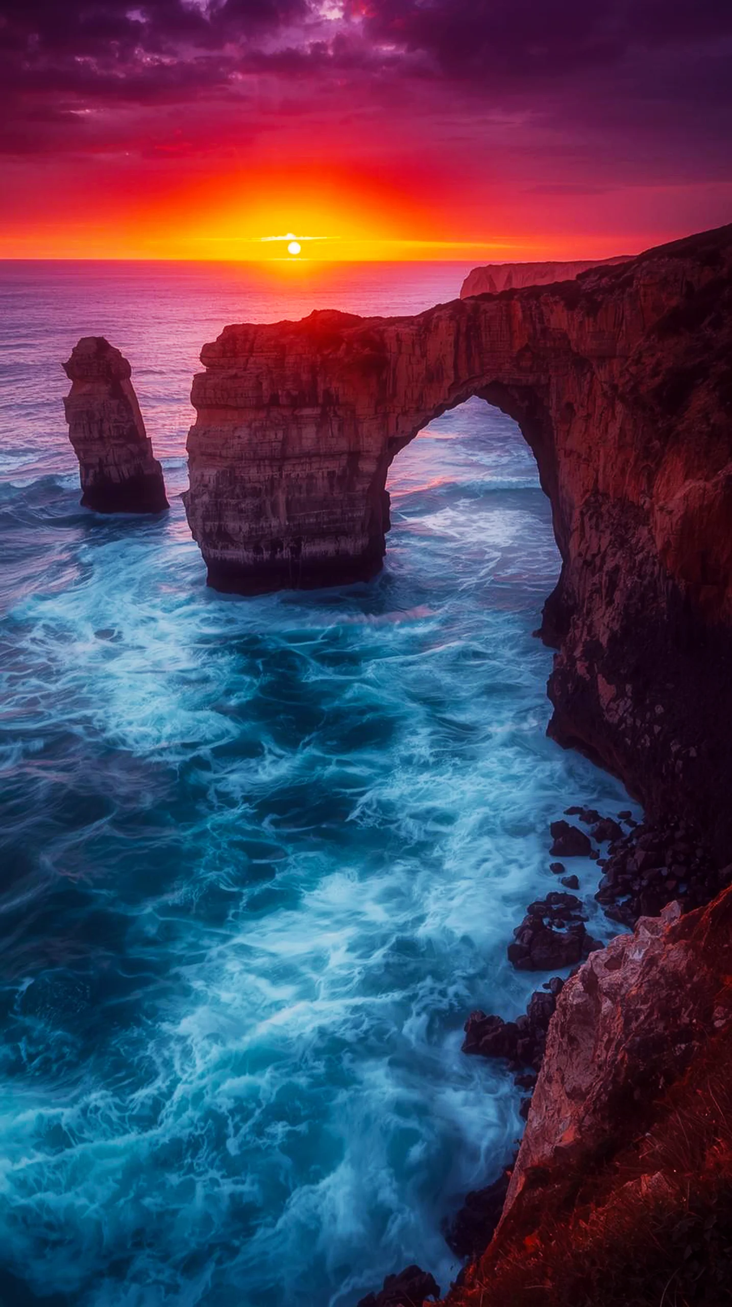 4K iPhone wallpaper of a sunset over a sea arch. Features waves crashing on rocks. 4K wallpaper for mobile, wallpaper