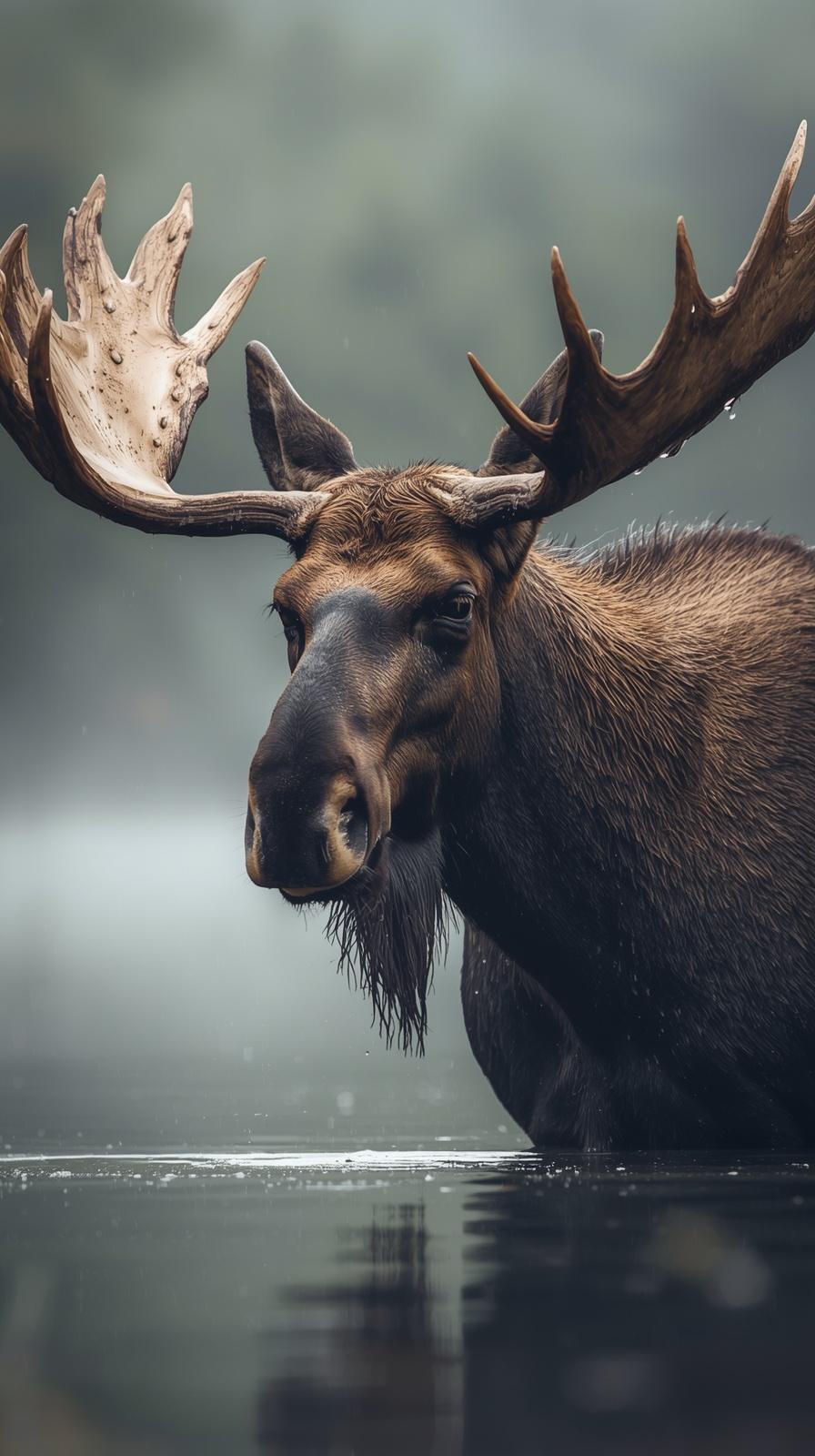 Majestic moose with large antlers standing in serene water.