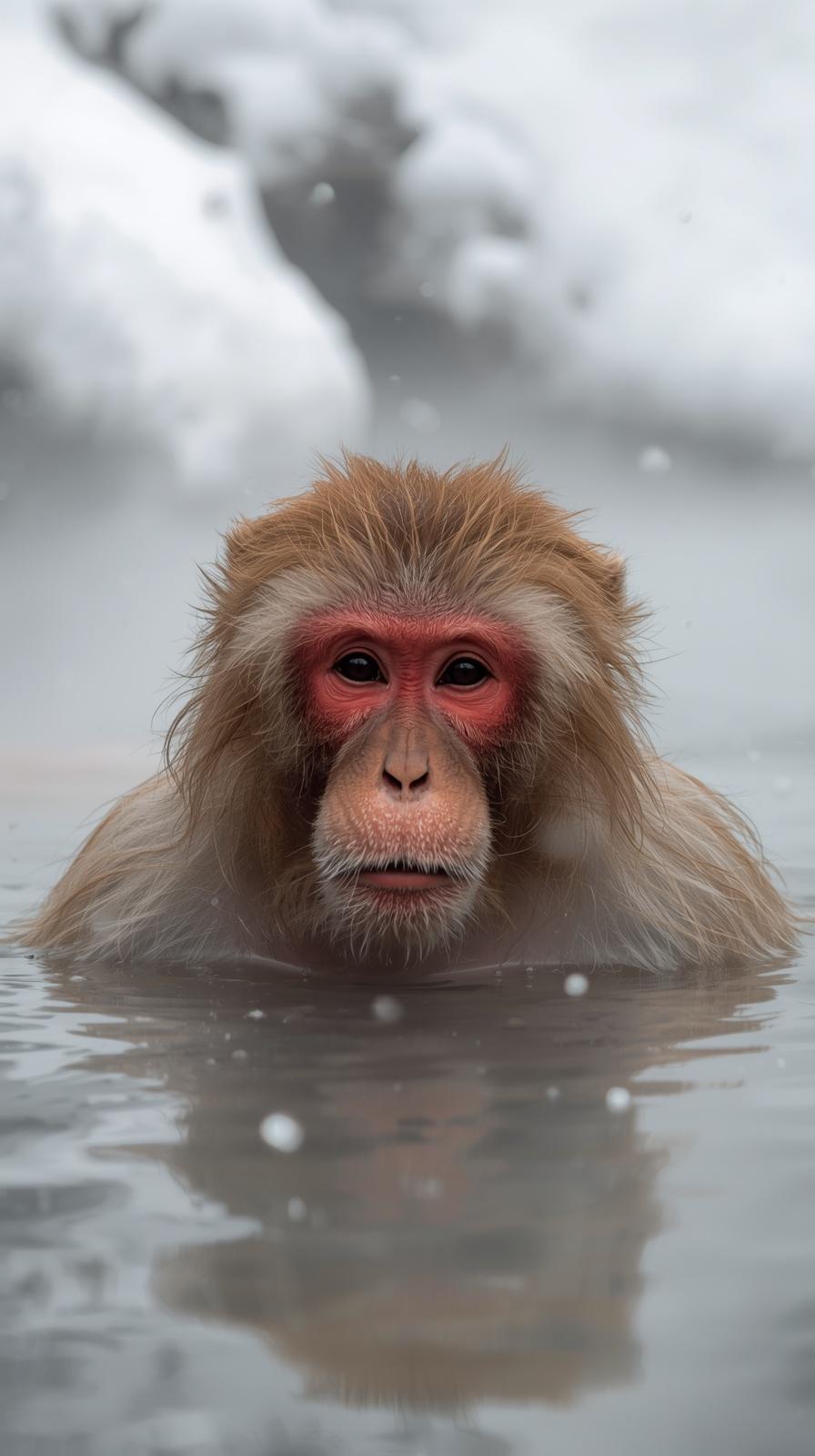 Serene Japanese snow monkey bathing in a steamy hot spring.