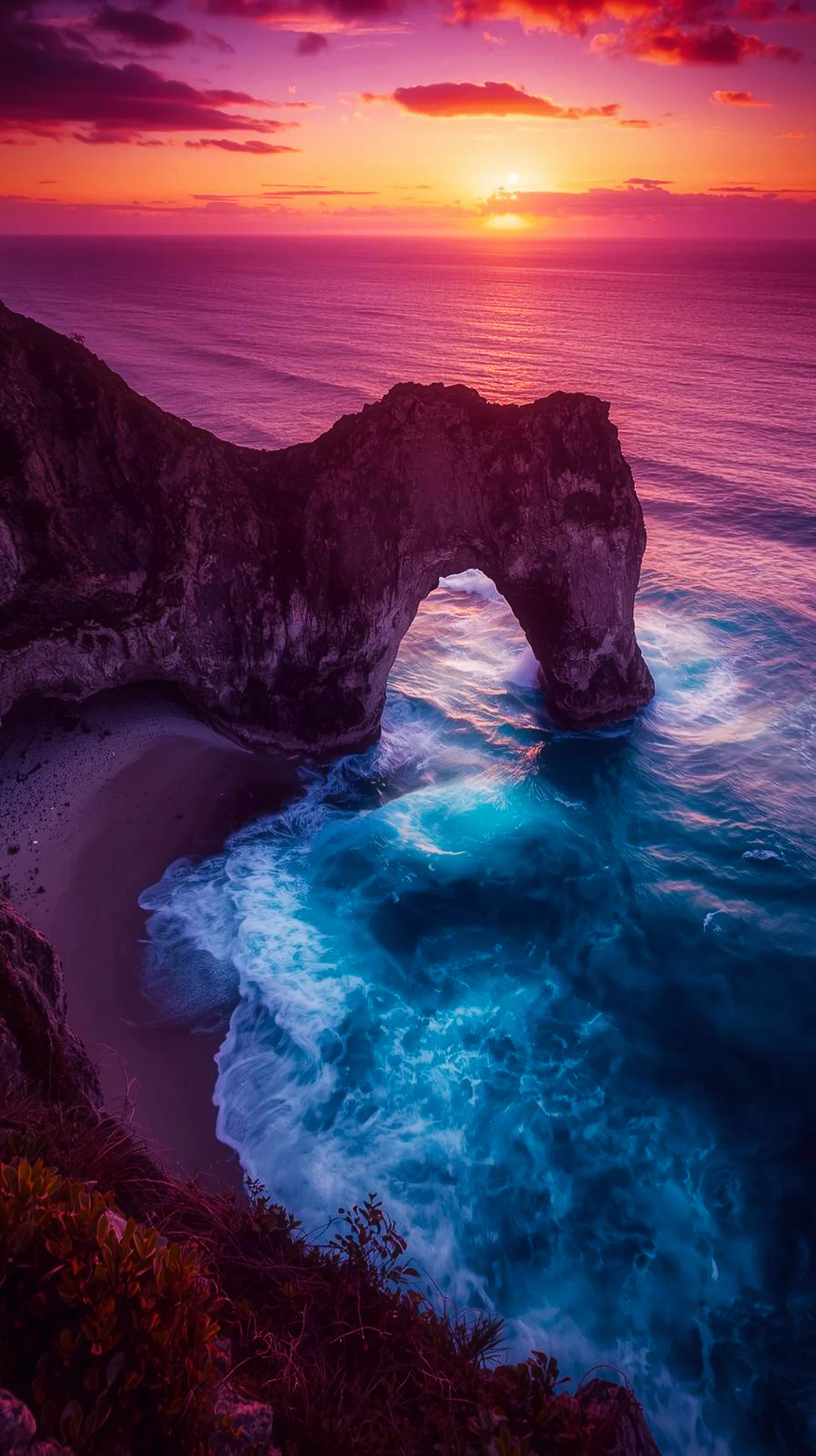 4K iPhone wallpaper of a majestic ocean arch at sunset with vibrant pink and purple skies. 4K wallpaper for mobile,