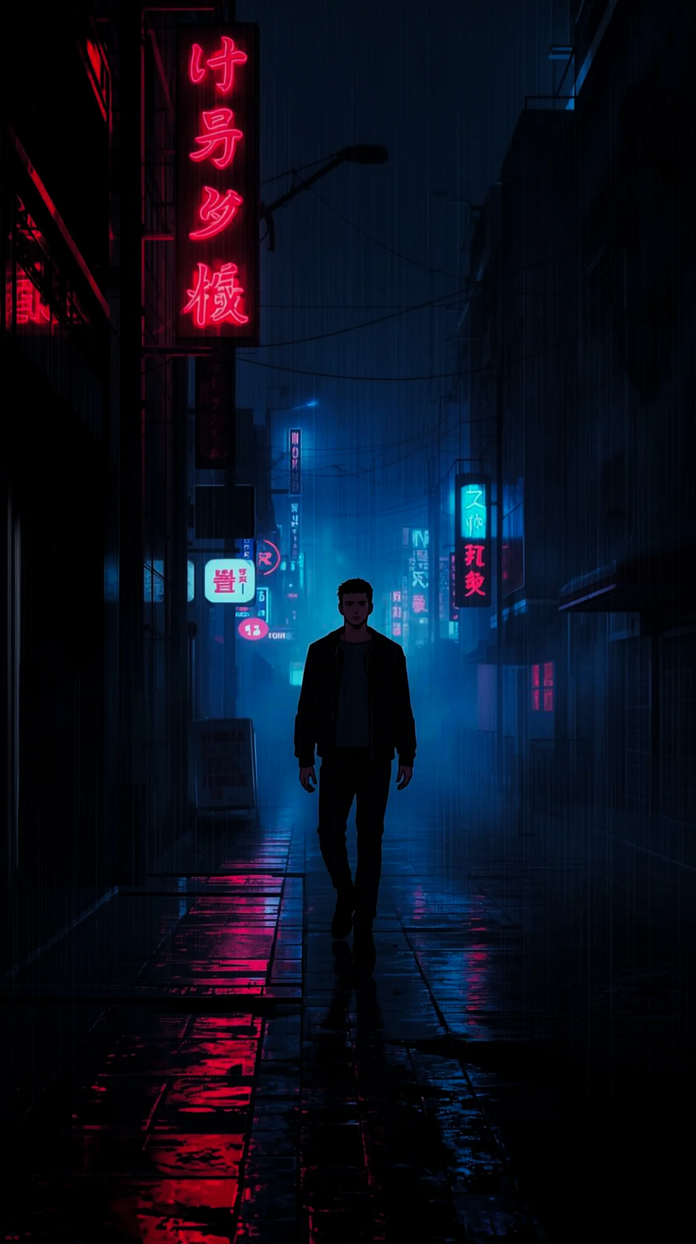 dark cinematic cyberpunk man in rainy alley wallpaper for iPhone 4k