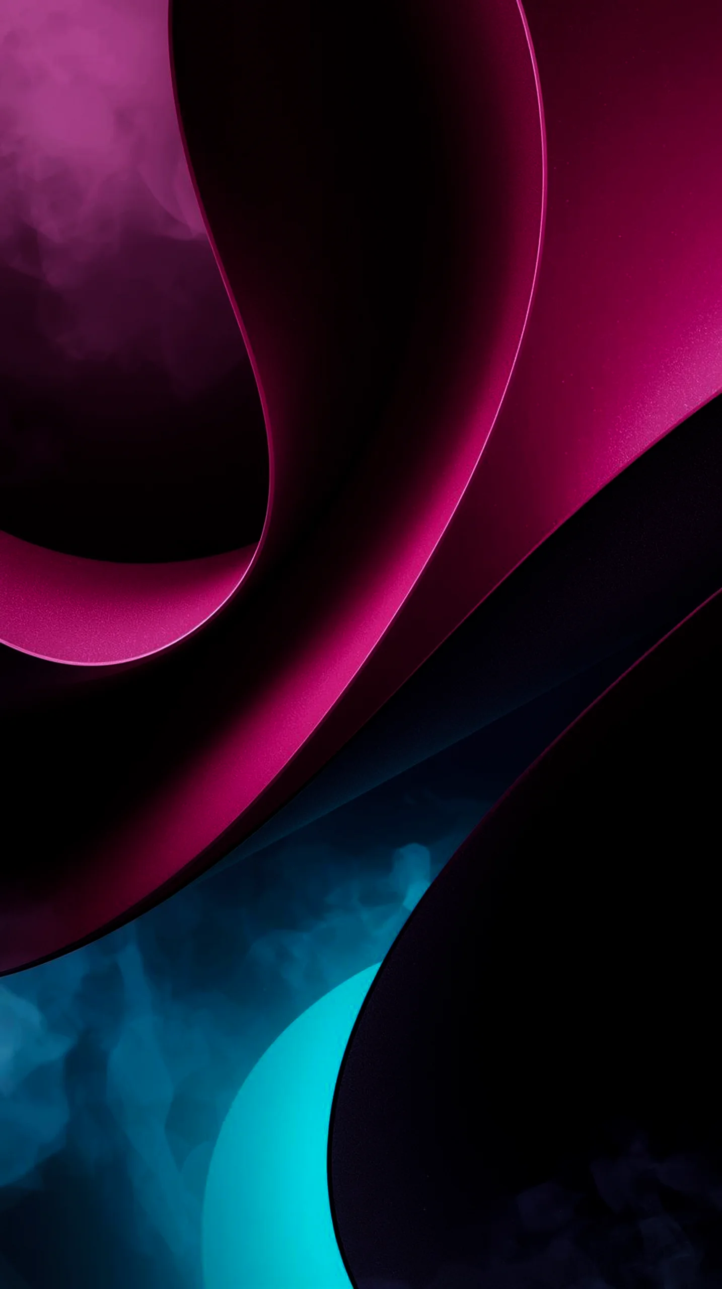 A dark mobile wallpaper featuring abstract flowing shapes in vibrant magenta and electric teal with smoky textures.