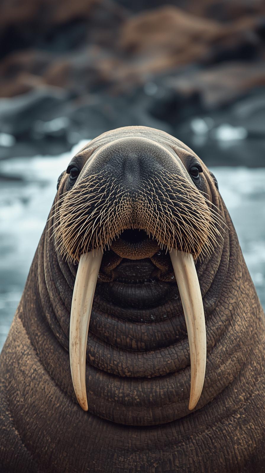 Majestic walrus close-up with impressive tusks and whiskers.