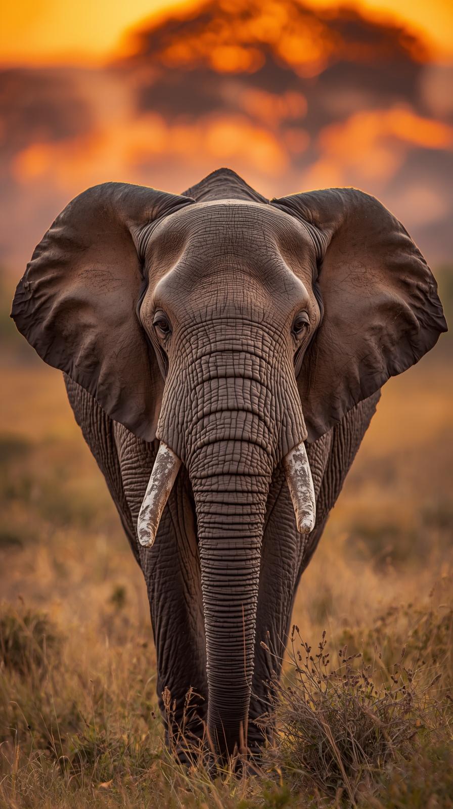 Close-up portrait of a majestic African elephant walking during a vibrant golden sunset.