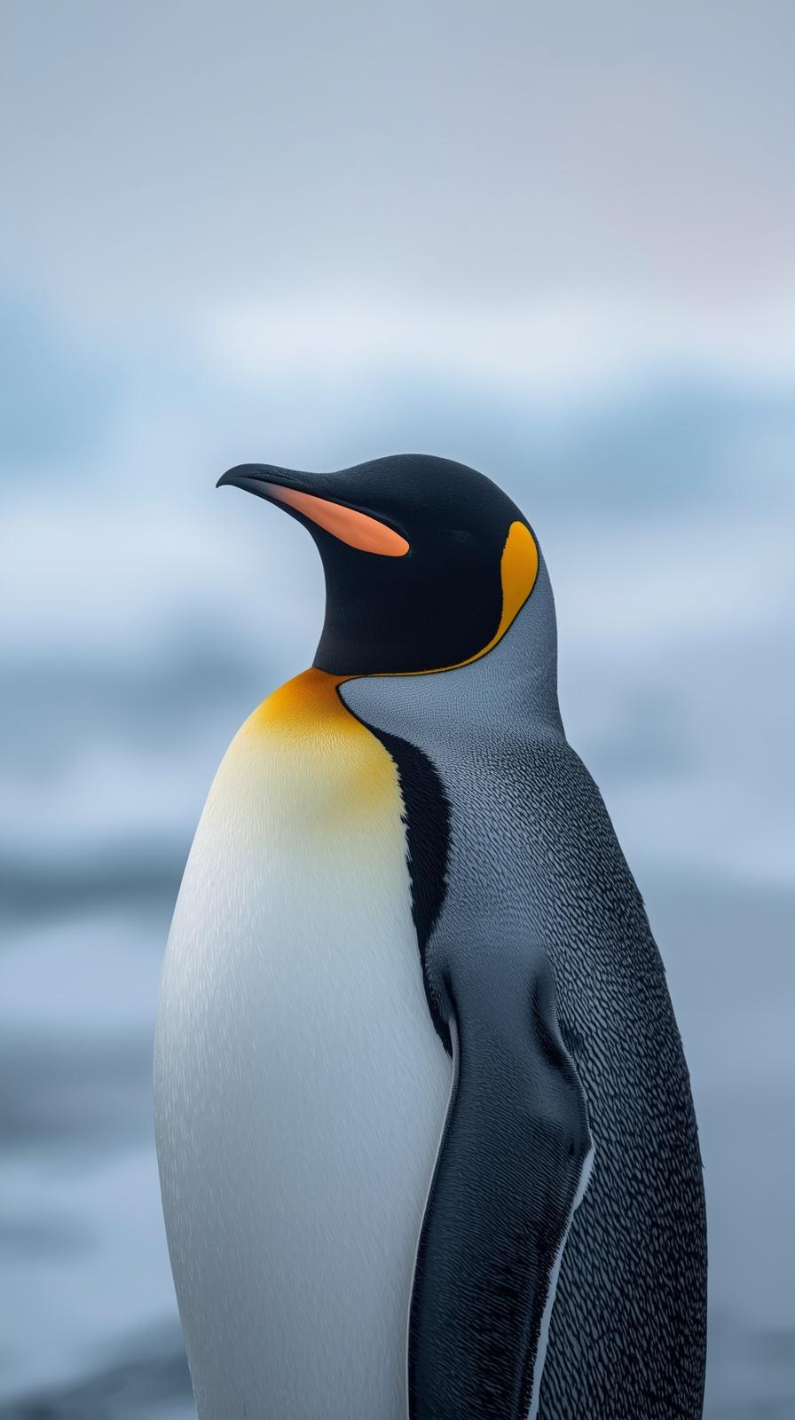 Close-up profile of a majestic King Penguin with vibrant orange neck markings.
