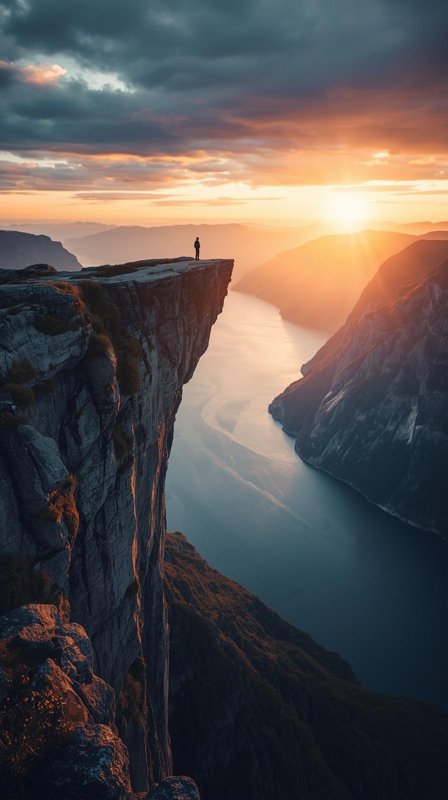 Norwegian Trolltunga rock formation overlooking dramatic Norwegian Trolltunga rock formation overlooking dramatic