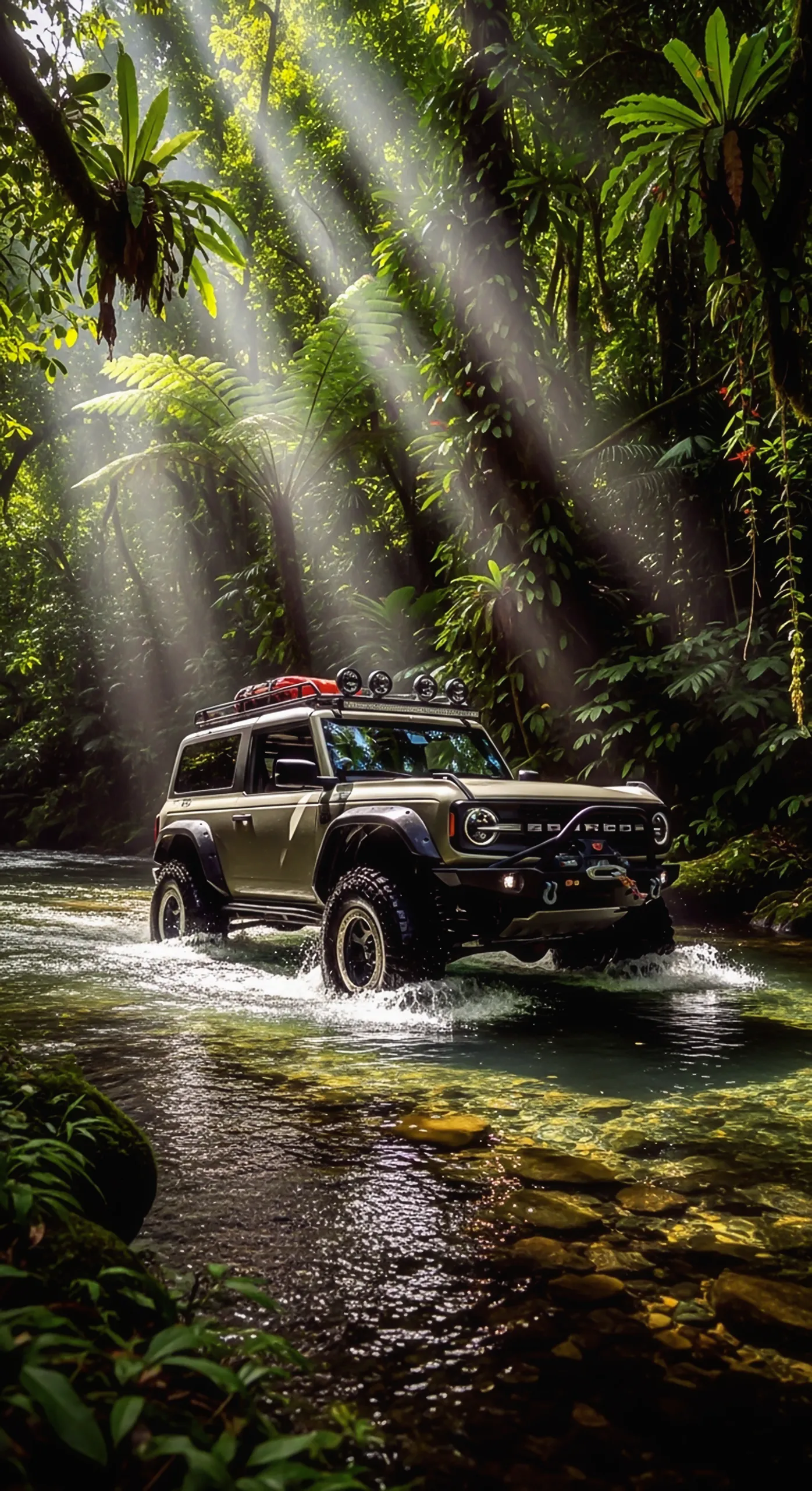 Car iPhone wallpaper: 4K mobile car wallpaper of an SUV driving through a jungle river with sunbeams.