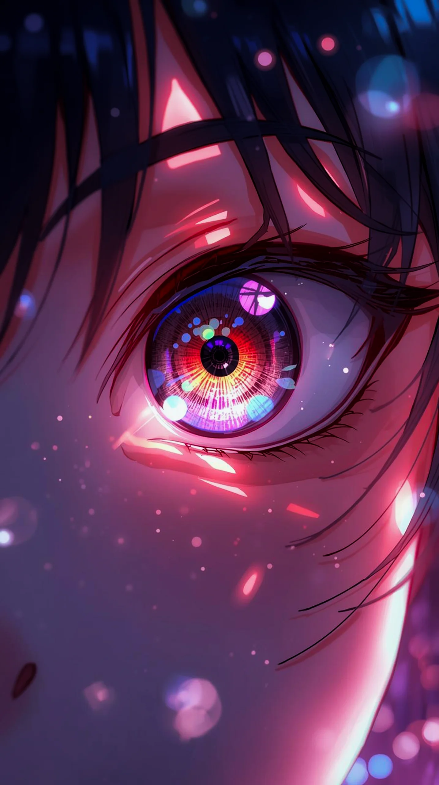 Anime eye wallpaper for iPhone and Android mobile phones, featuring a colorful reflection and bokeh lights. Free phone