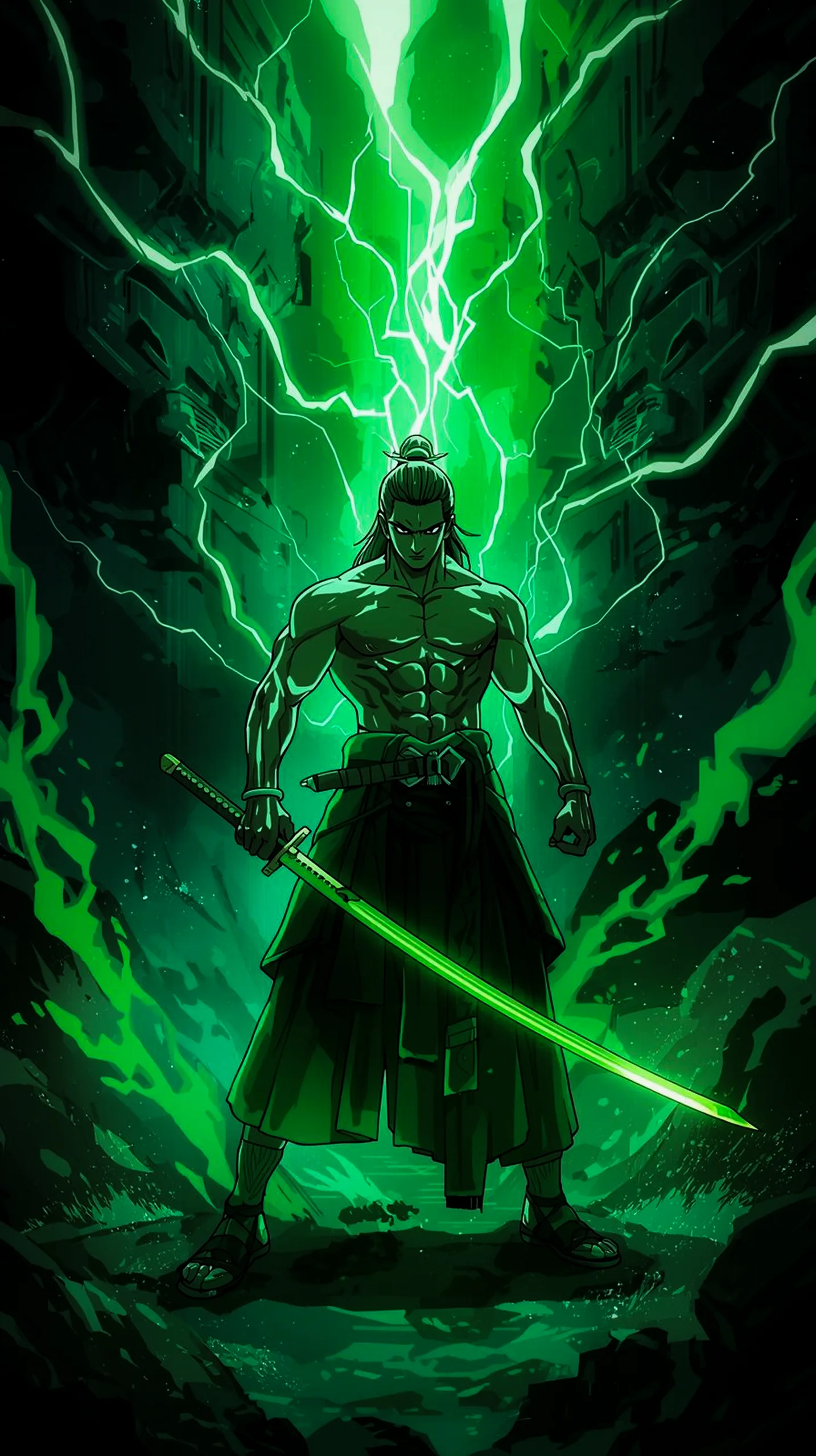 intense green samurai warrior wallpaper for phone 4K