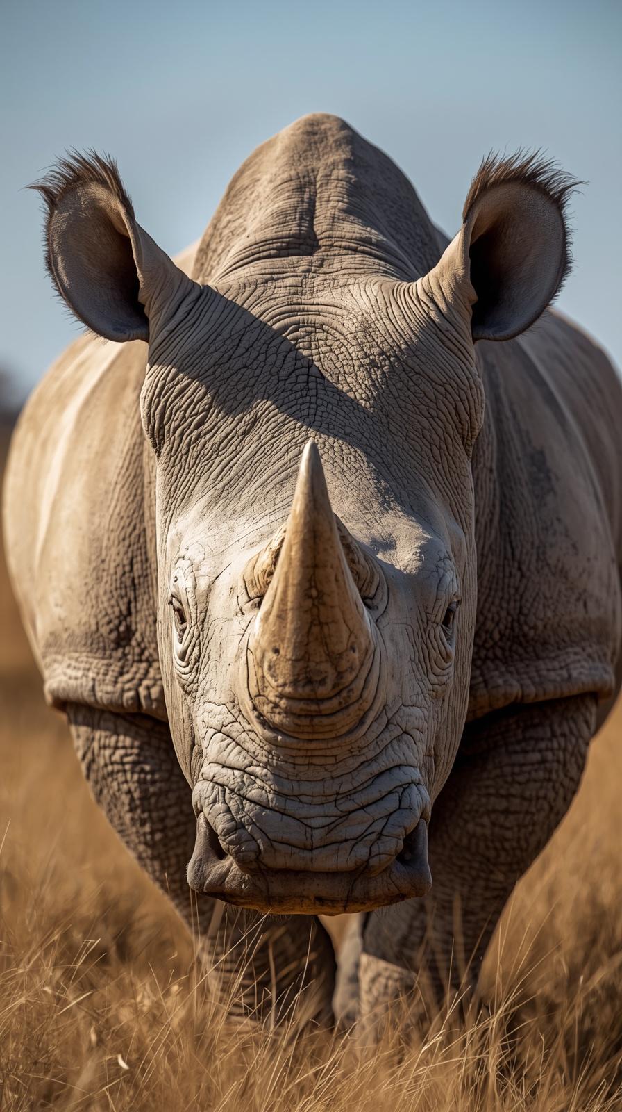 Close-up of a white rhinoceros head in dry grass, majestic and powerful.